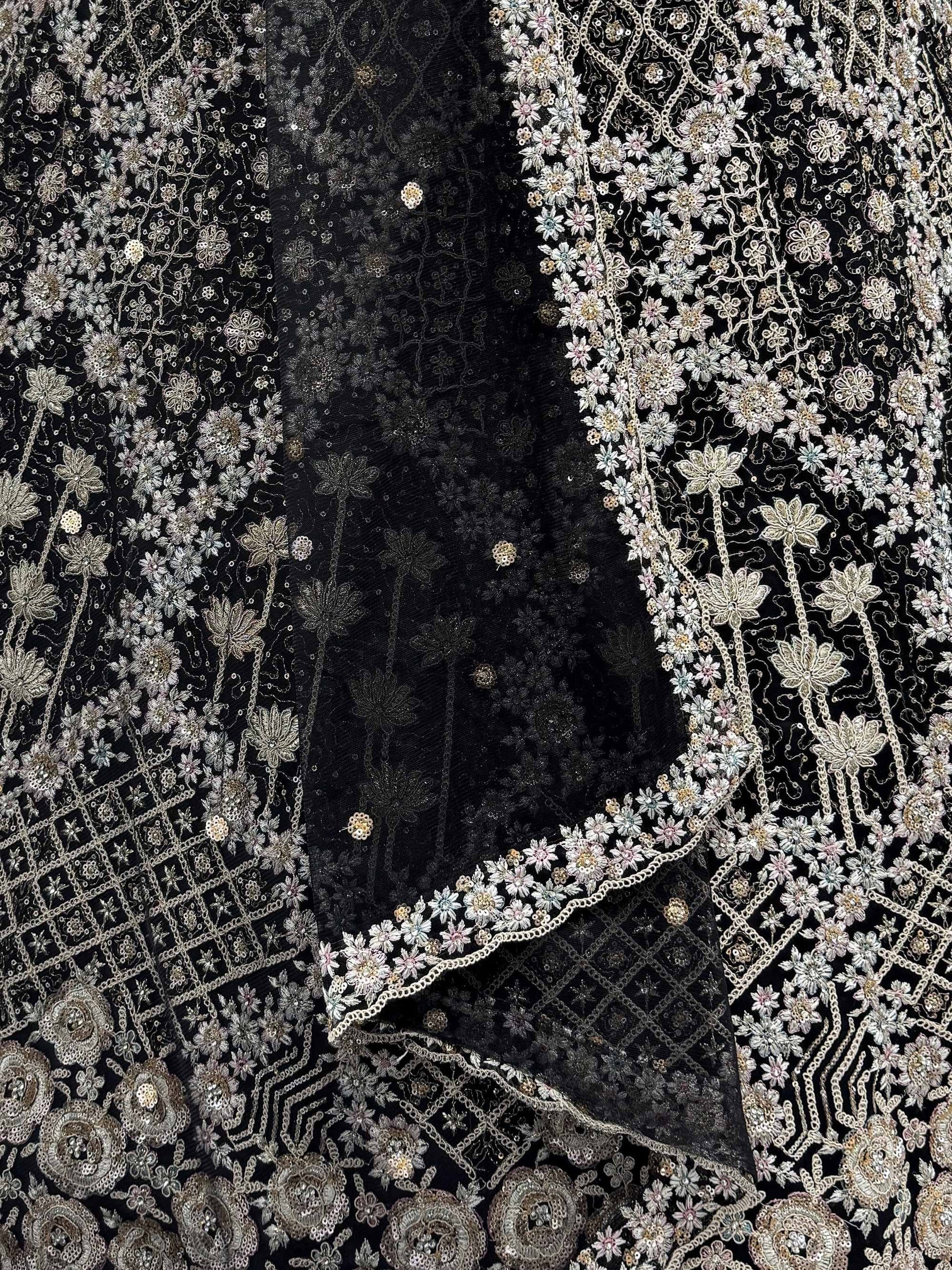 Stupendous Black Thread Embroidered Net Party Wear Lehenga Choli With Dupatta