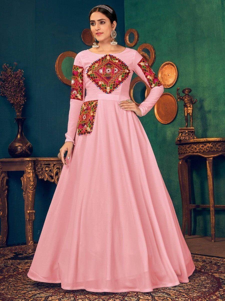 Stupendous Pink Mirror And Pearl Work Georgette Festive Wear Gown - Zeel Clothing