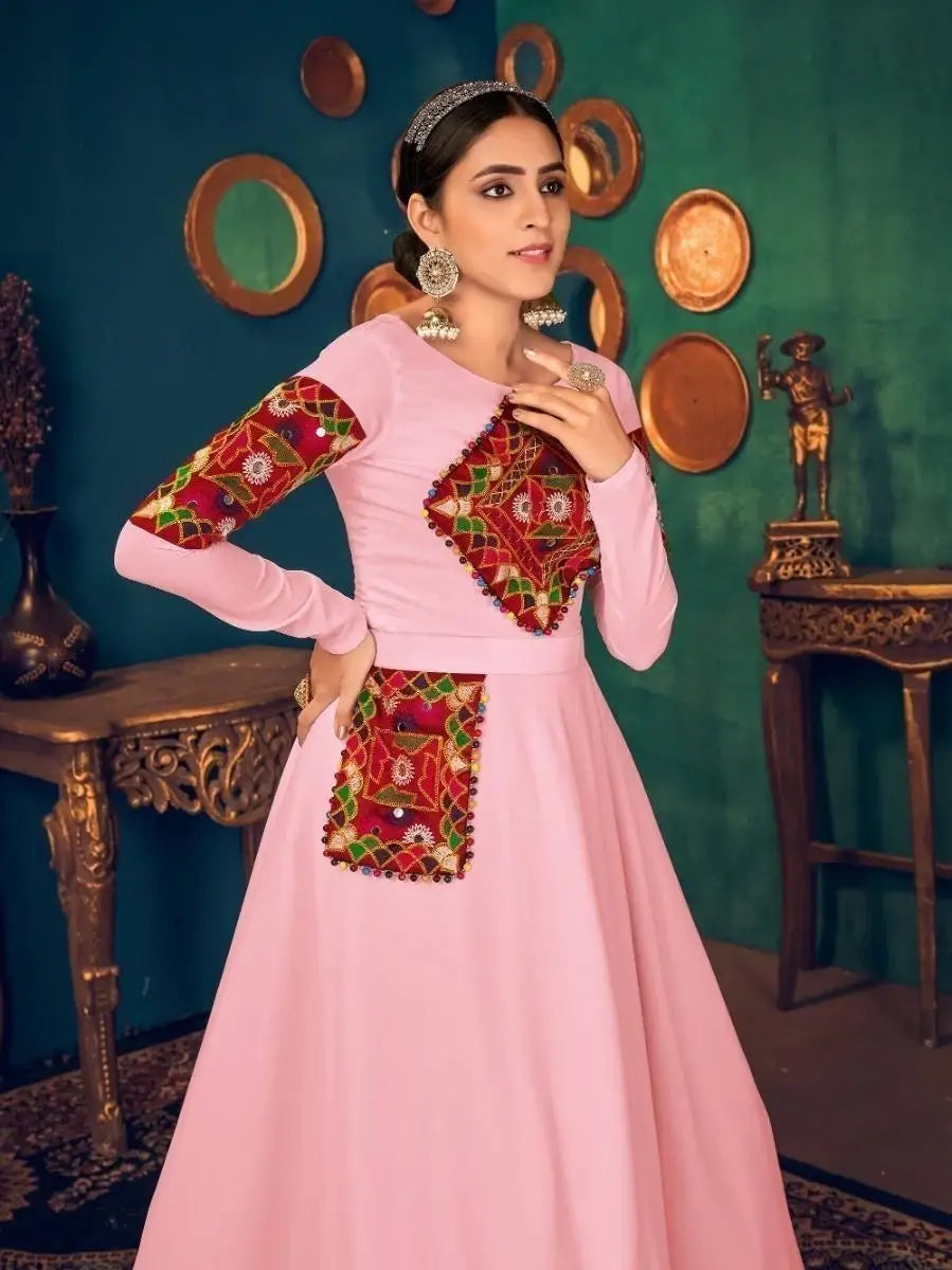 Stupendous Pink Mirror And Pearl Work Georgette Festive Wear Gown - Zeel Clothing