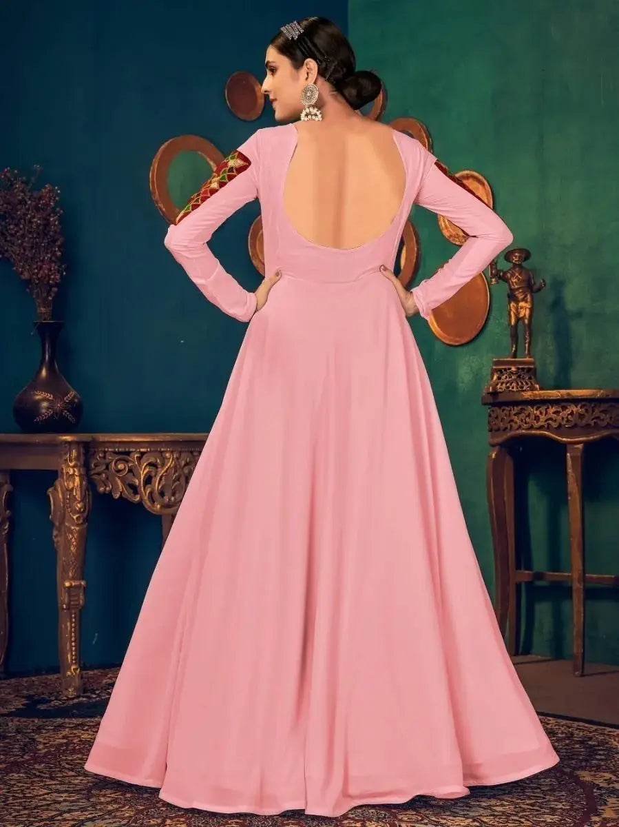 Stupendous Pink Mirror And Pearl Work Georgette Festive Wear Gown - Zeel Clothing