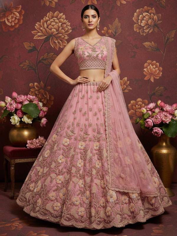 Stupendous Pink Sequins Embroidered Net Engagement Wear Lehenga Choli