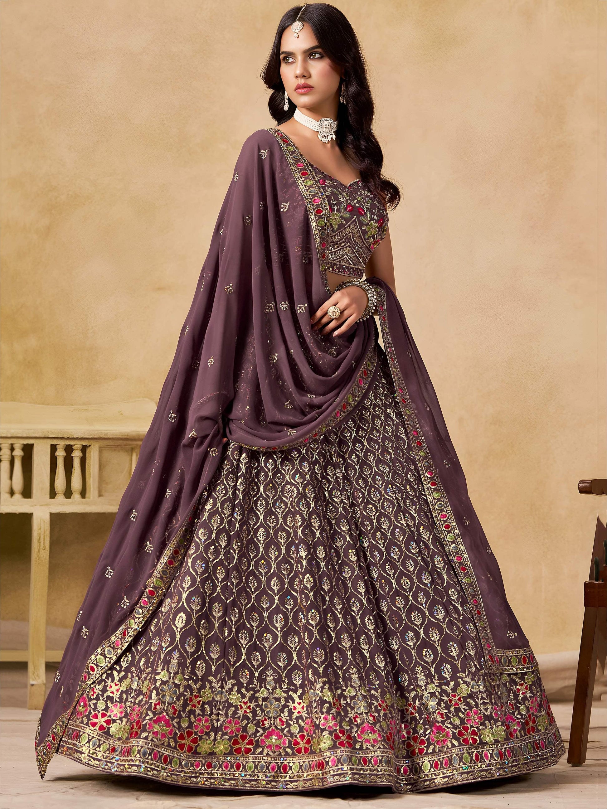 Stupendous Purple Heavy Embroidered Georgette Traditional Lehenga Choli