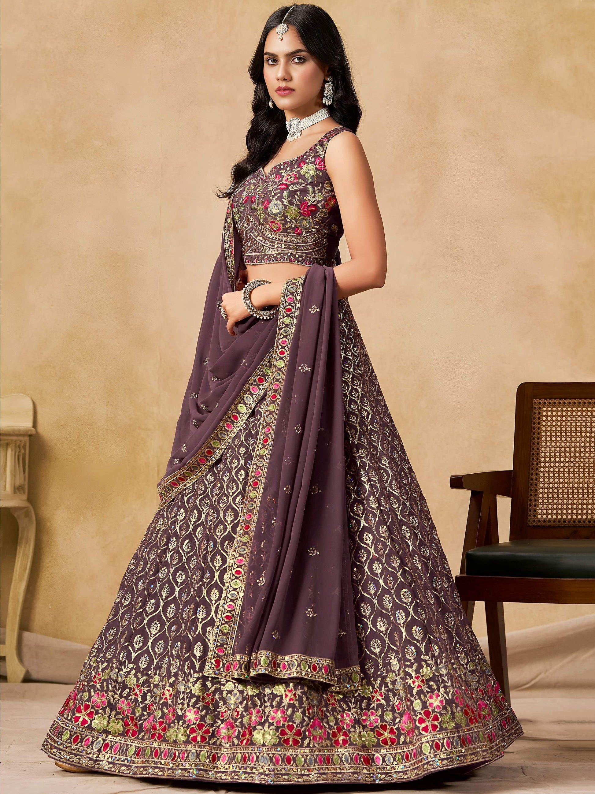 Stupendous Purple Heavy Embroidered Georgette Traditional Lehenga Choli