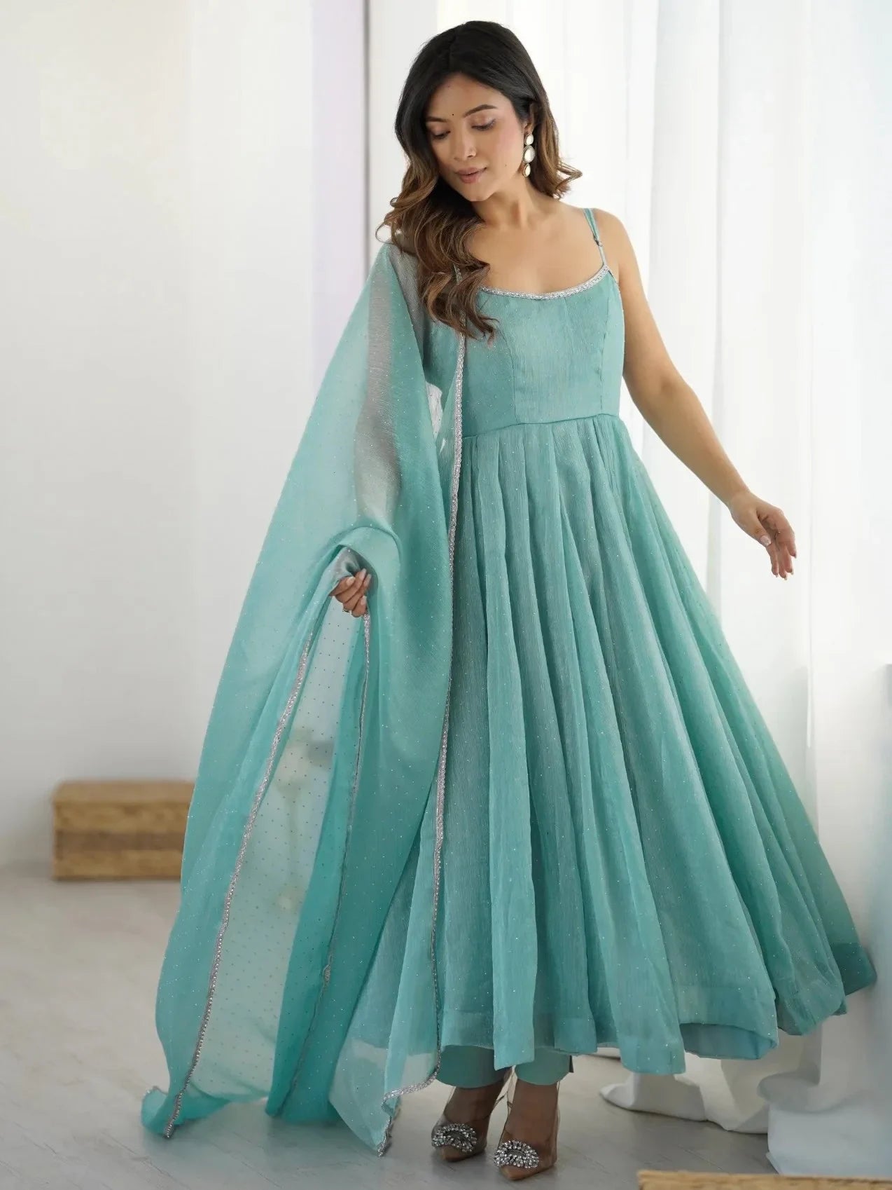 Stupendous Sky Blue Swaroski Work Silk Designer Anarkali Suit With Dupatta - Zeel Clothing