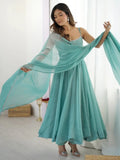 Stupendous Sky Blue Swaroski Work Silk Designer Anarkali Suit With Dupatta - Zeel Clothing
