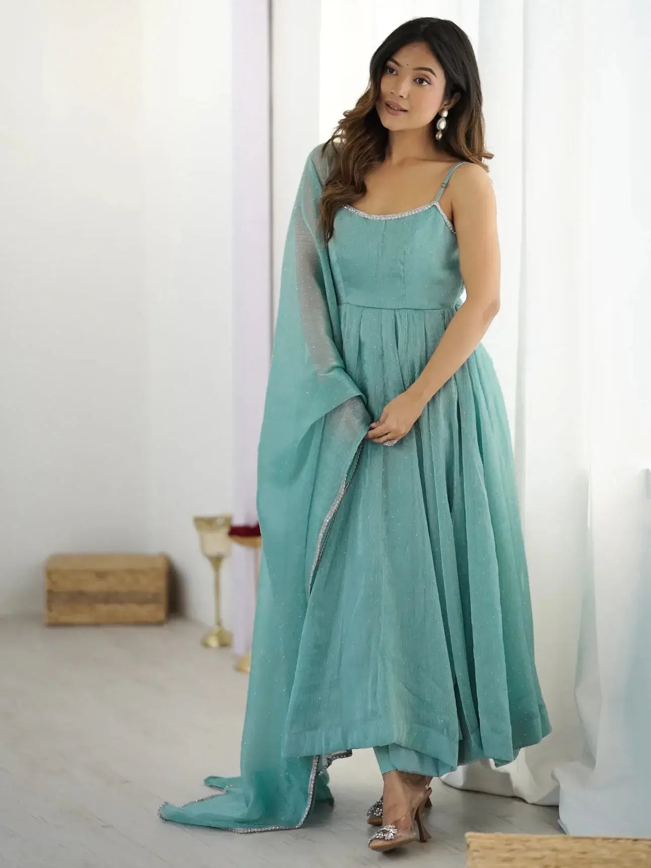 Stupendous Sky Blue Swaroski Work Silk Designer Anarkali Suit With Dupatta - Zeel Clothing