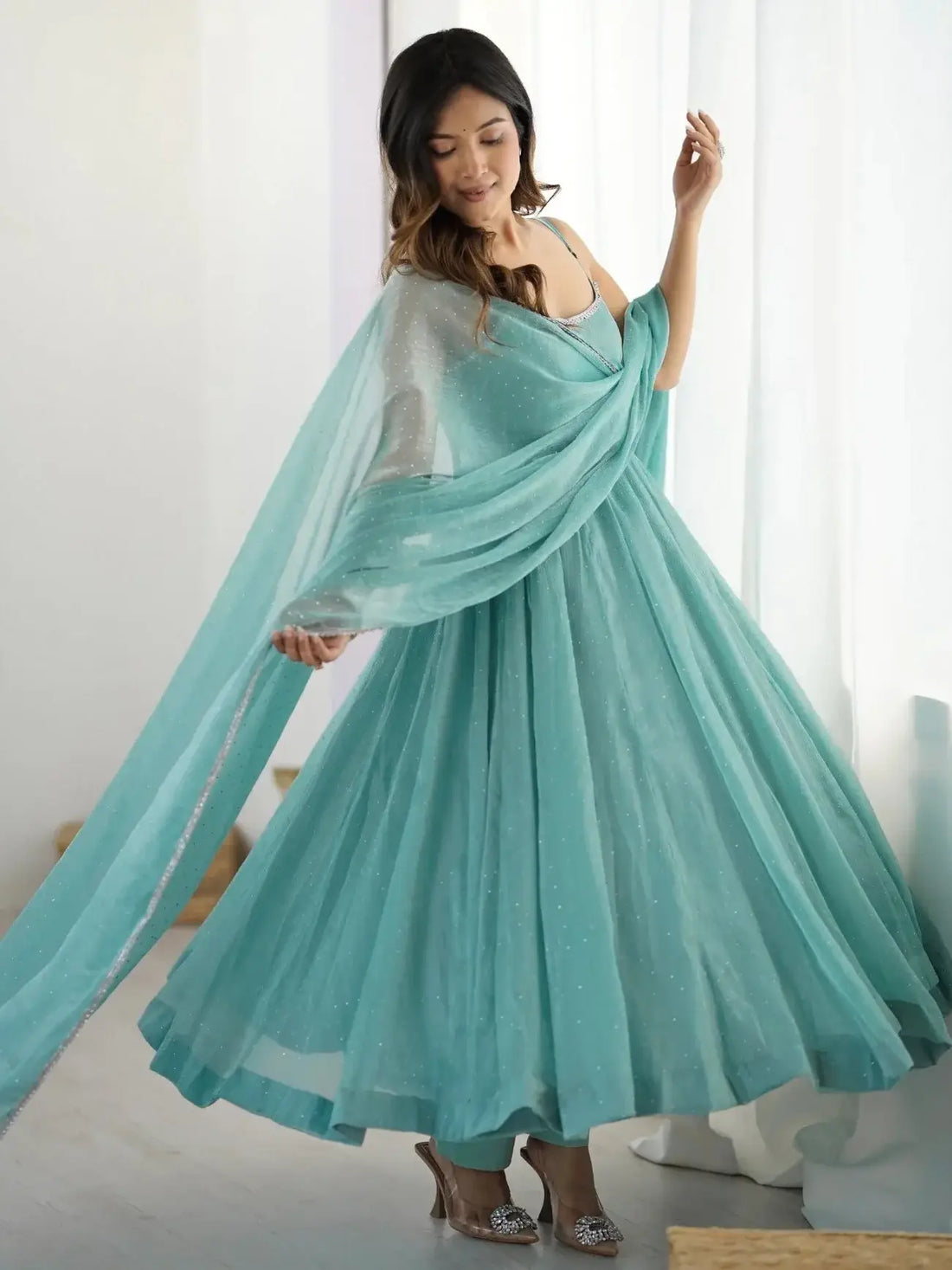 Stupendous Sky Blue Swaroski Work Silk Designer Anarkali Suit With Dupatta - Zeel Clothing