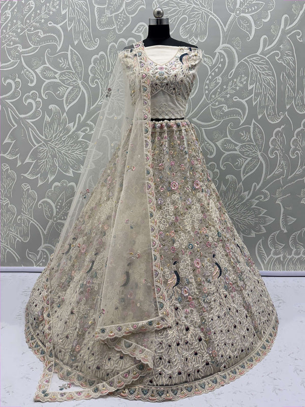 Stupendous White Thread Work Net Reception Wear Lehenga Choli With Dupatta