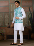 Stupendous White Thread Work Silk Traditional Men Kurta With Pant And Jacket