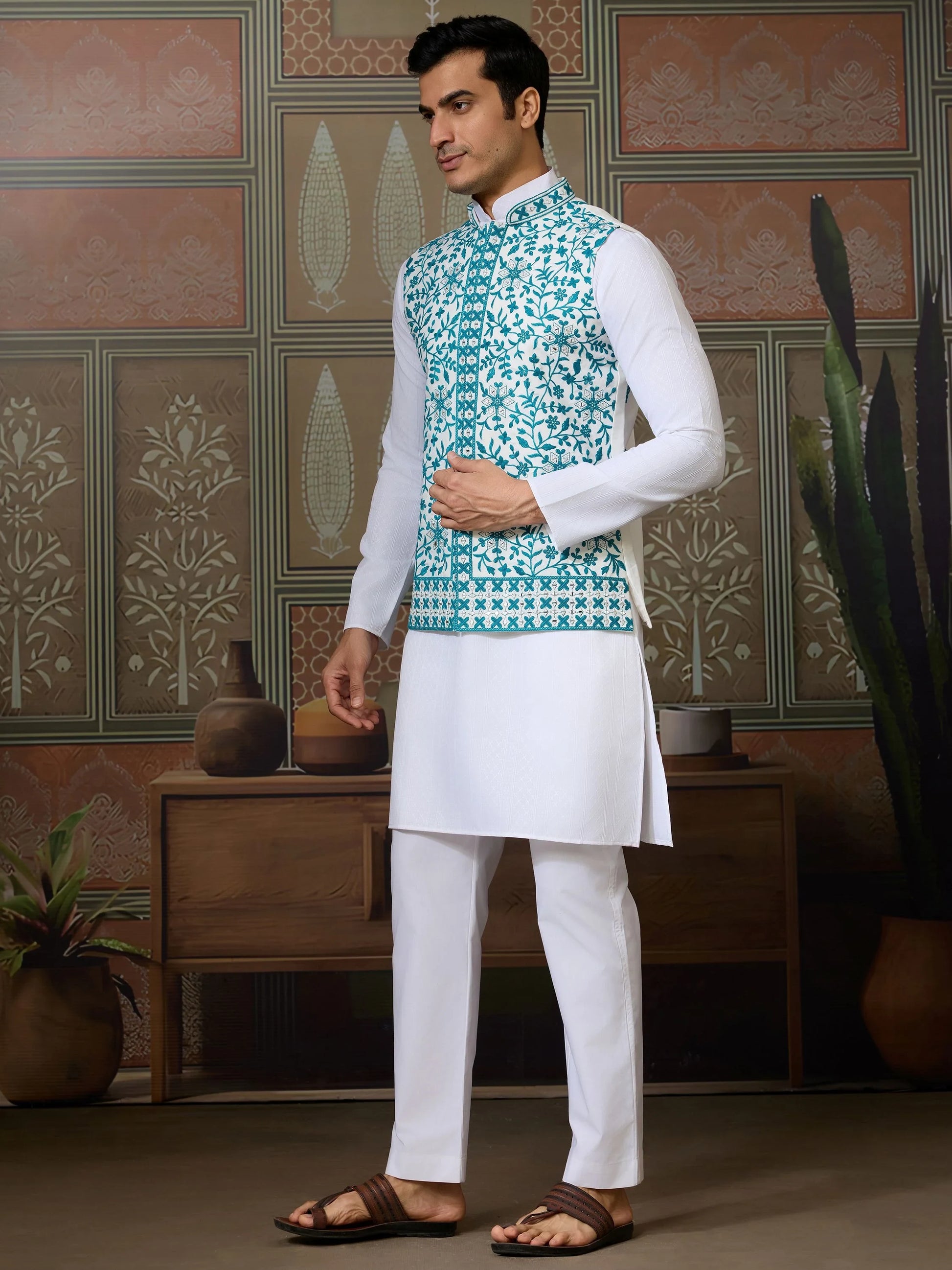 Stupendous White Thread Work Silk Traditional Men Kurta With Pant And Jacket