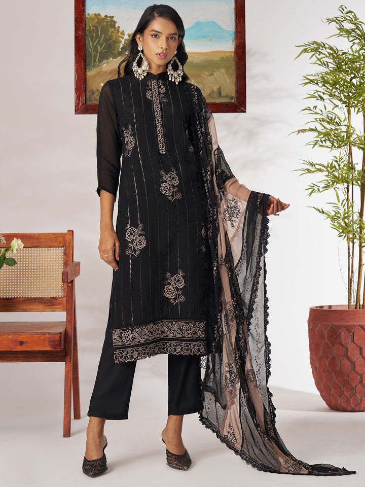 Stylish Black Thread Embroidery Organza Evening Wear Pant Suit With Dupatta