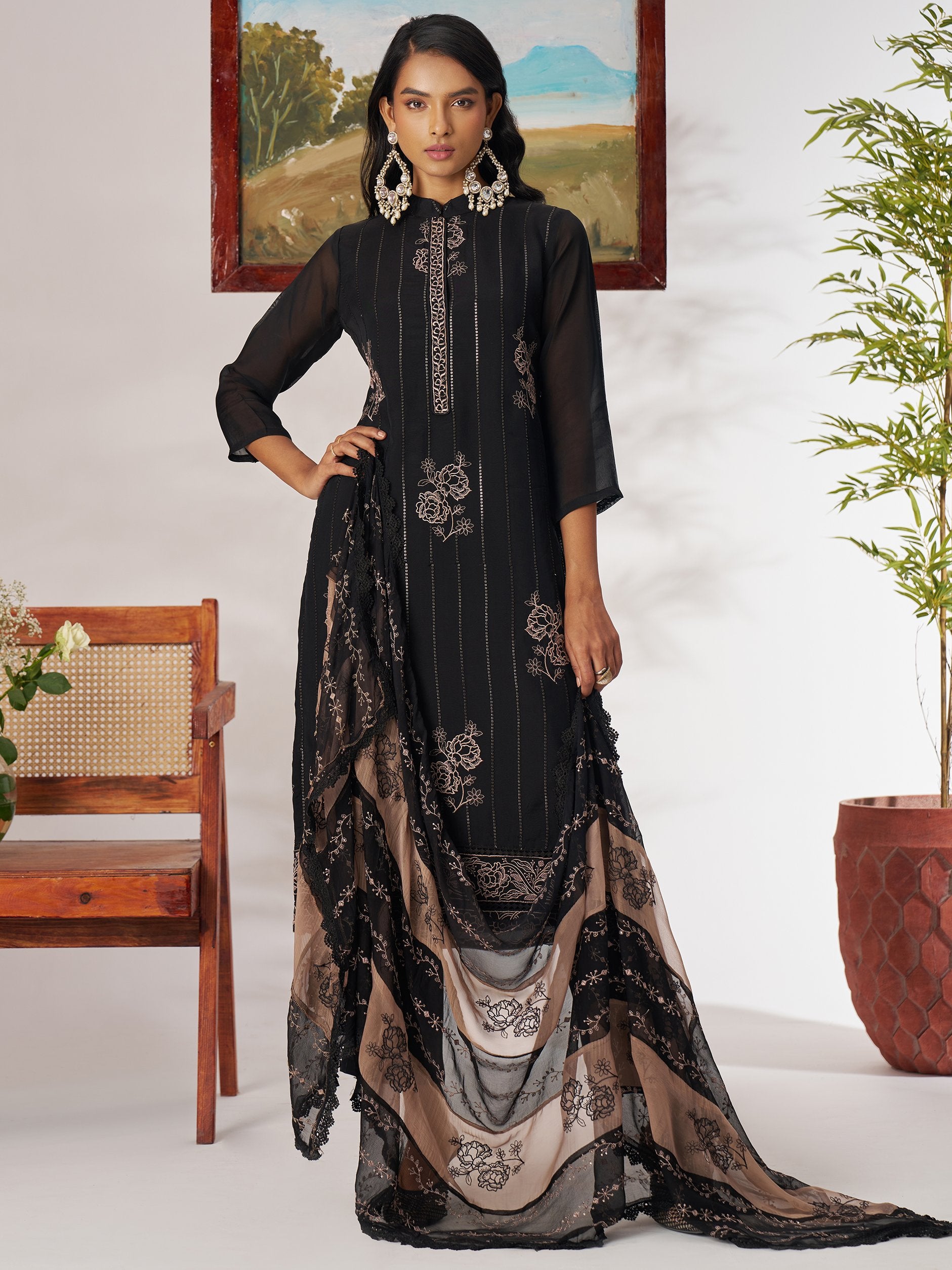 Stylish Black Thread Embroidery Organza Evening Wear Pant Suit With Dupatta