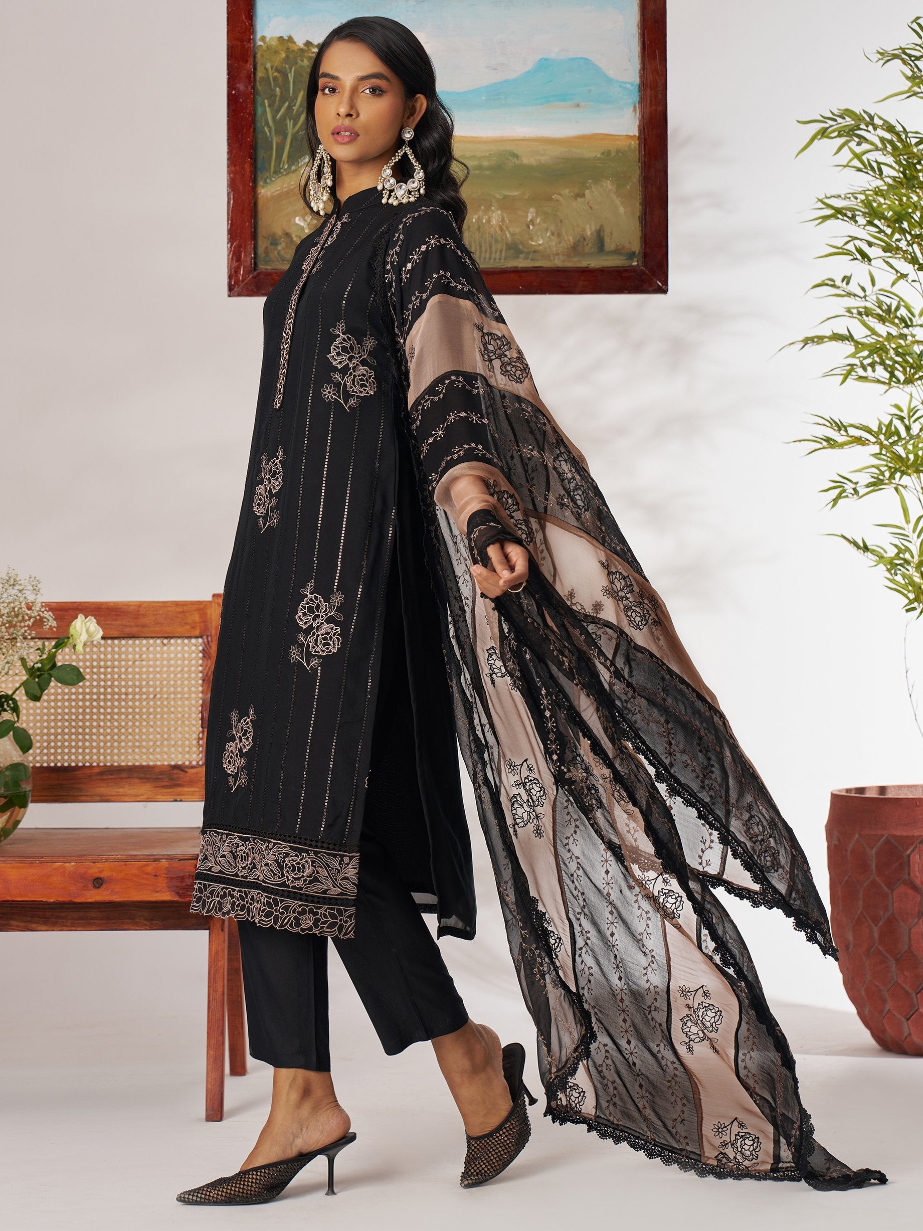 Stylish Black Thread Embroidery Organza Evening Wear Pant Suit With Dupatta