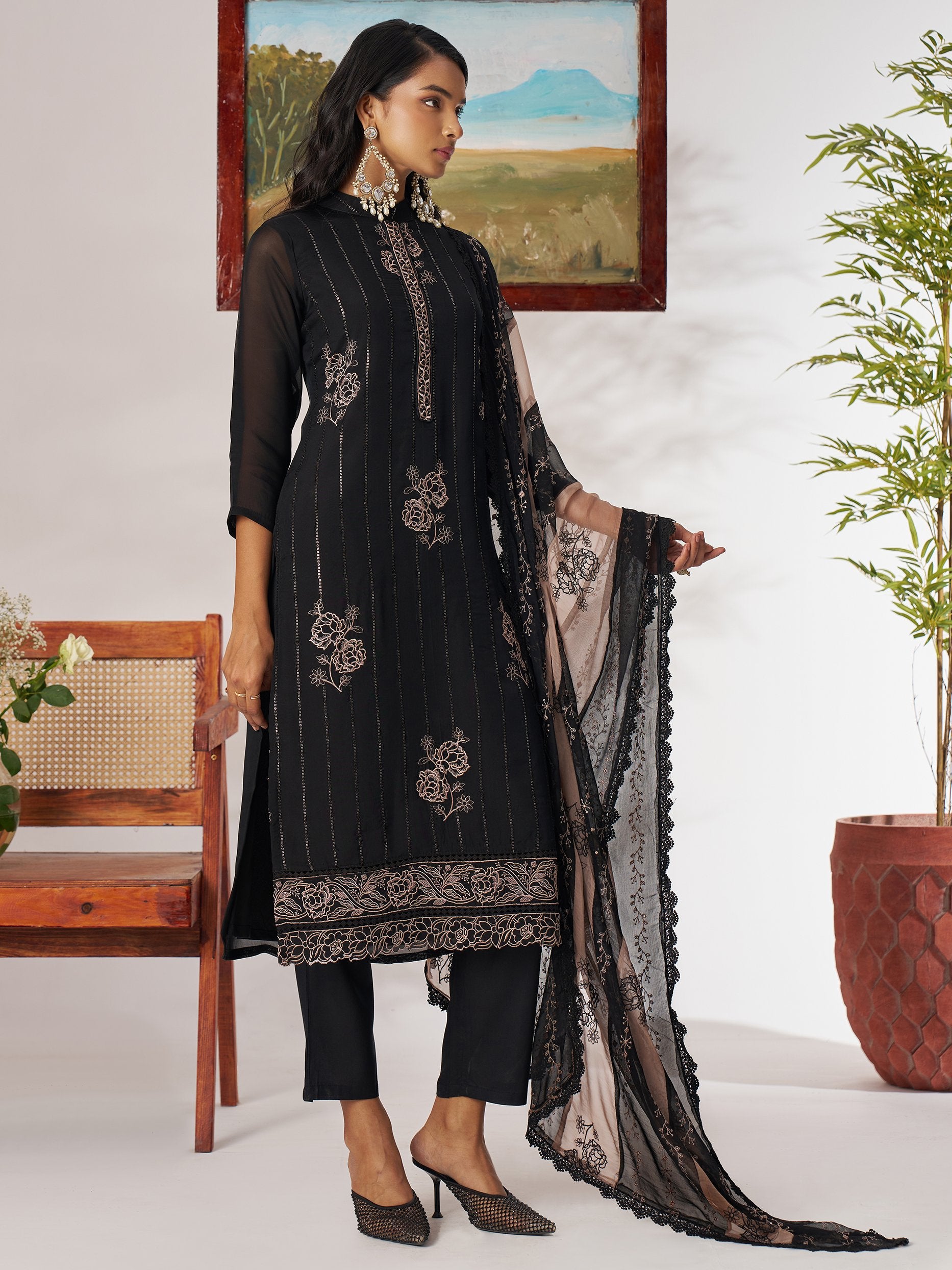 Stylish Black Thread Embroidery Organza Evening Wear Pant Suit With Dupatta