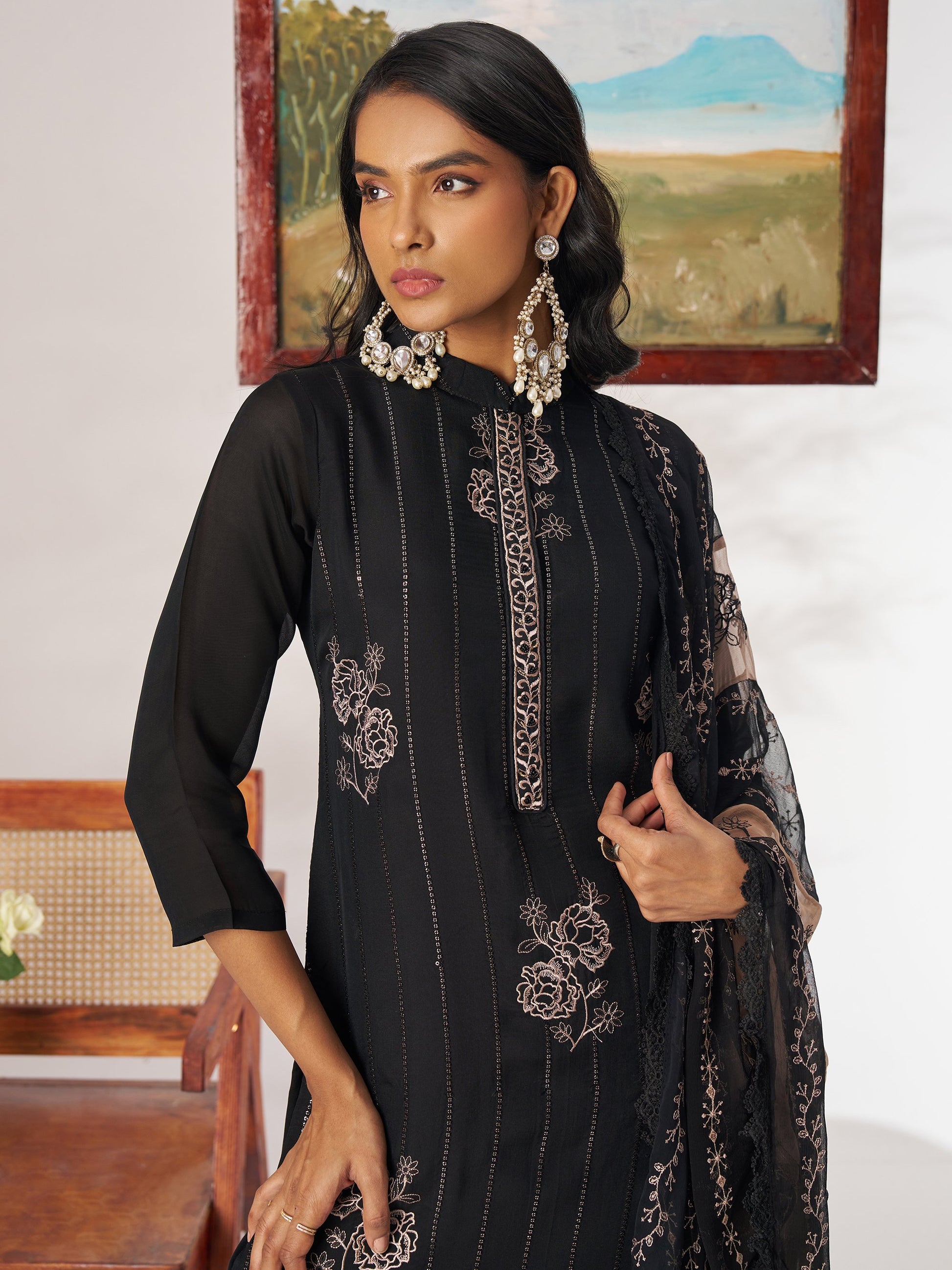 Stylish Black Thread Embroidery Organza Evening Wear Pant Suit With Dupatta