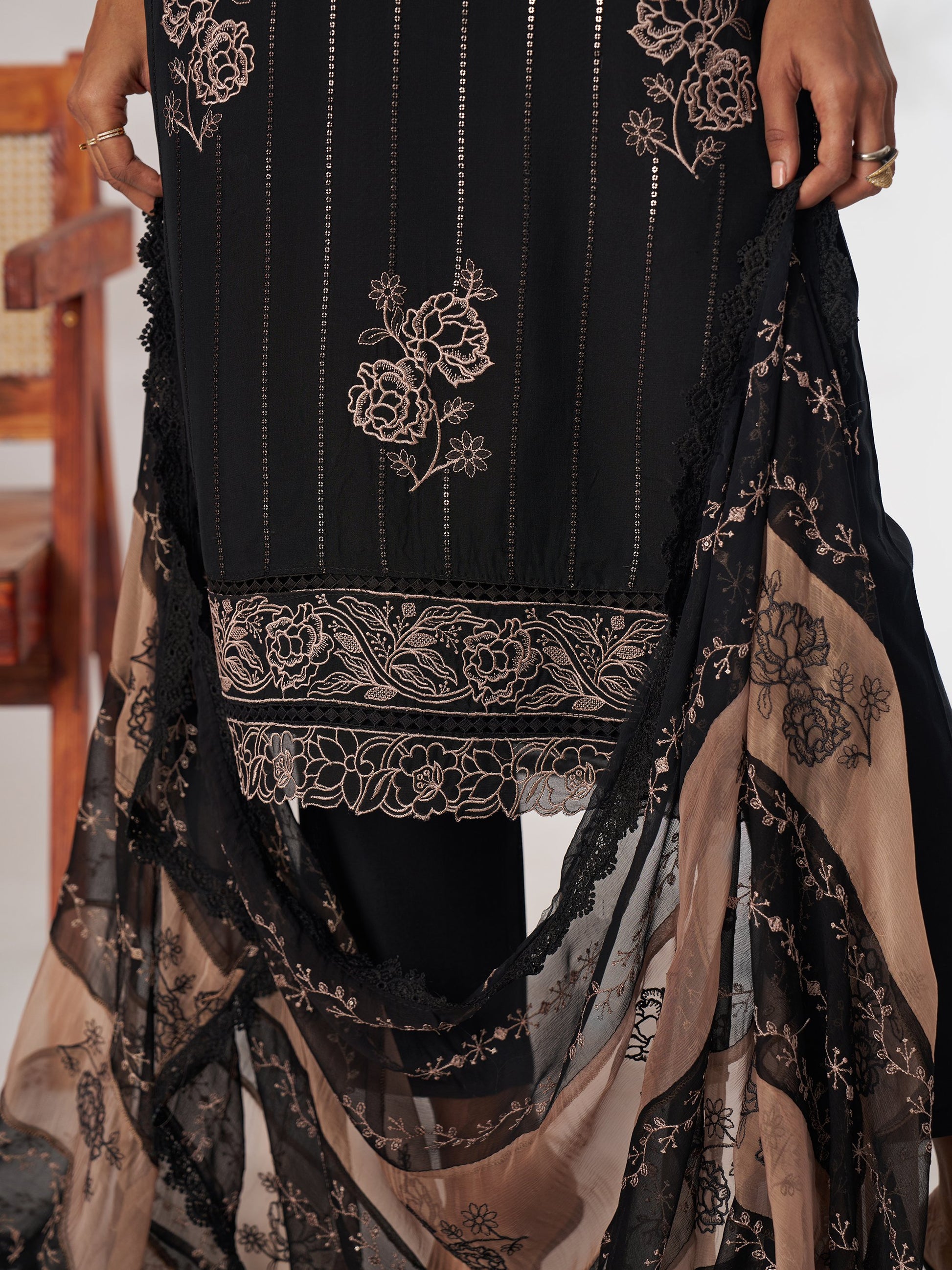 Stylish Black Thread Embroidery Organza Evening Wear Pant Suit With Dupatta
