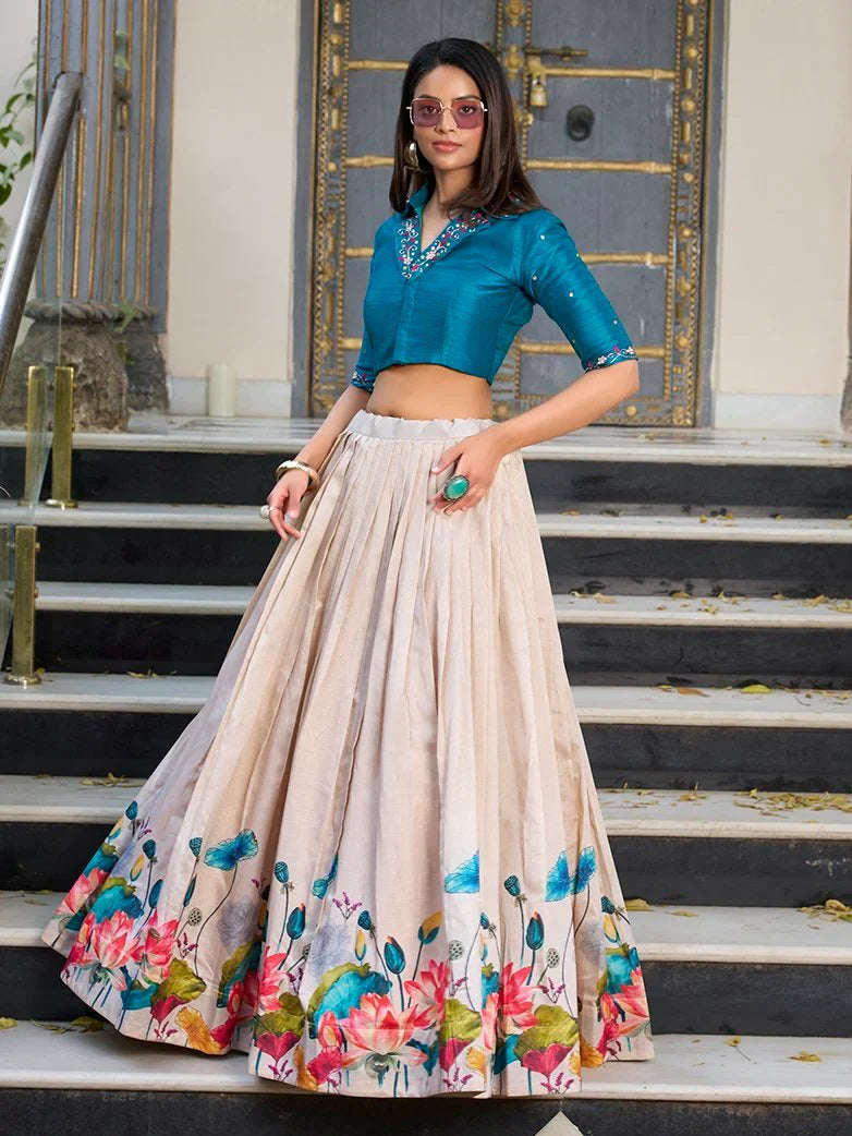 Stylish Cream Floral Printed Tussar Silk Festive Wear Crop Top With Lehenga