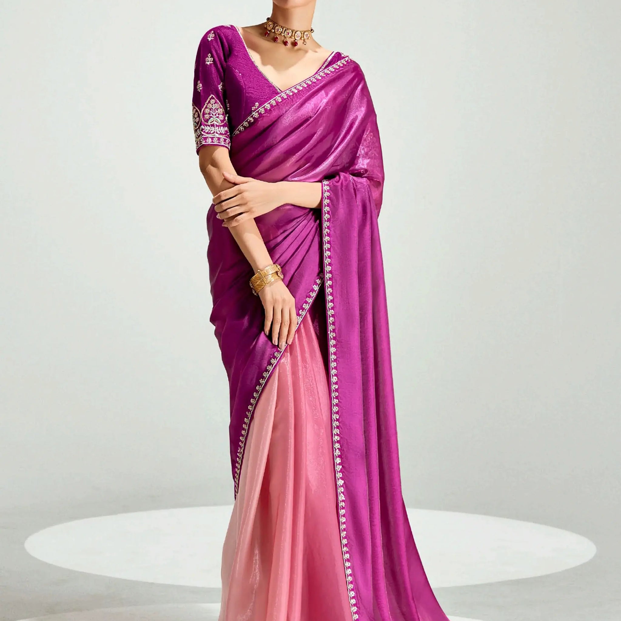 Stylish Dark Pink Sequins Embroidered Organza Reception Wear Saree - Zeel Clothing
