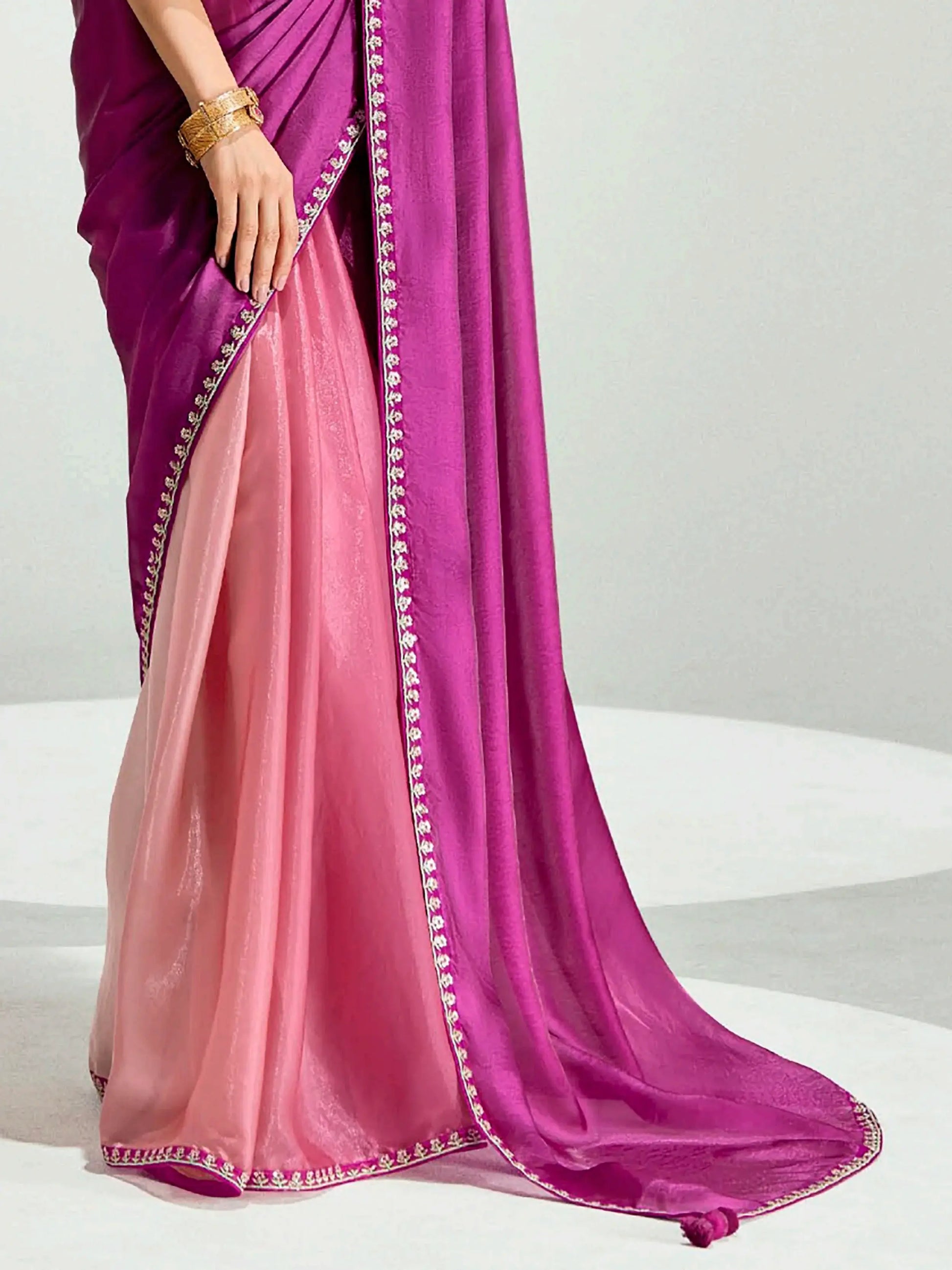 Stylish Dark Pink Sequins Embroidered Organza Reception Wear Saree - Zeel Clothing
