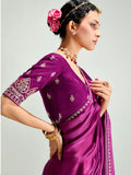 Stylish Dark Pink Sequins Embroidered Organza Reception Wear Saree - Zeel Clothing