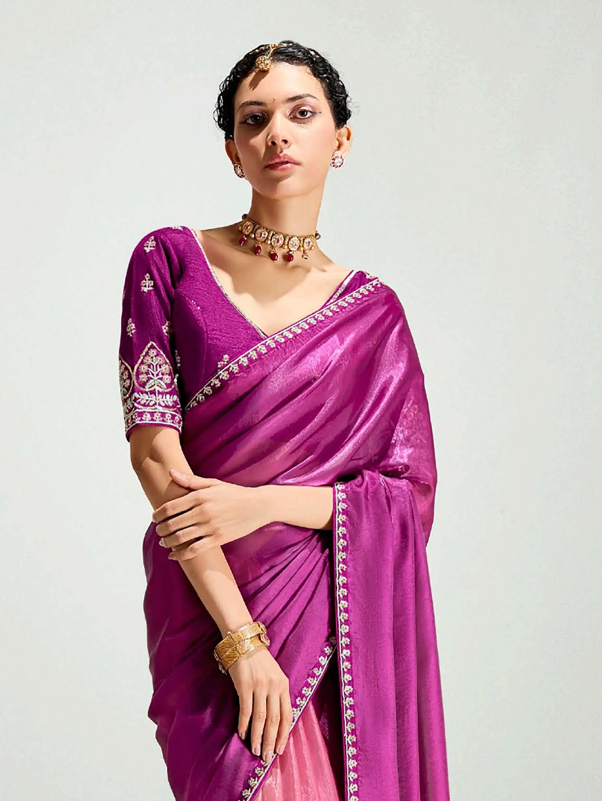 Stylish Dark Pink Sequins Embroidered Organza Reception Wear Saree - Zeel Clothing