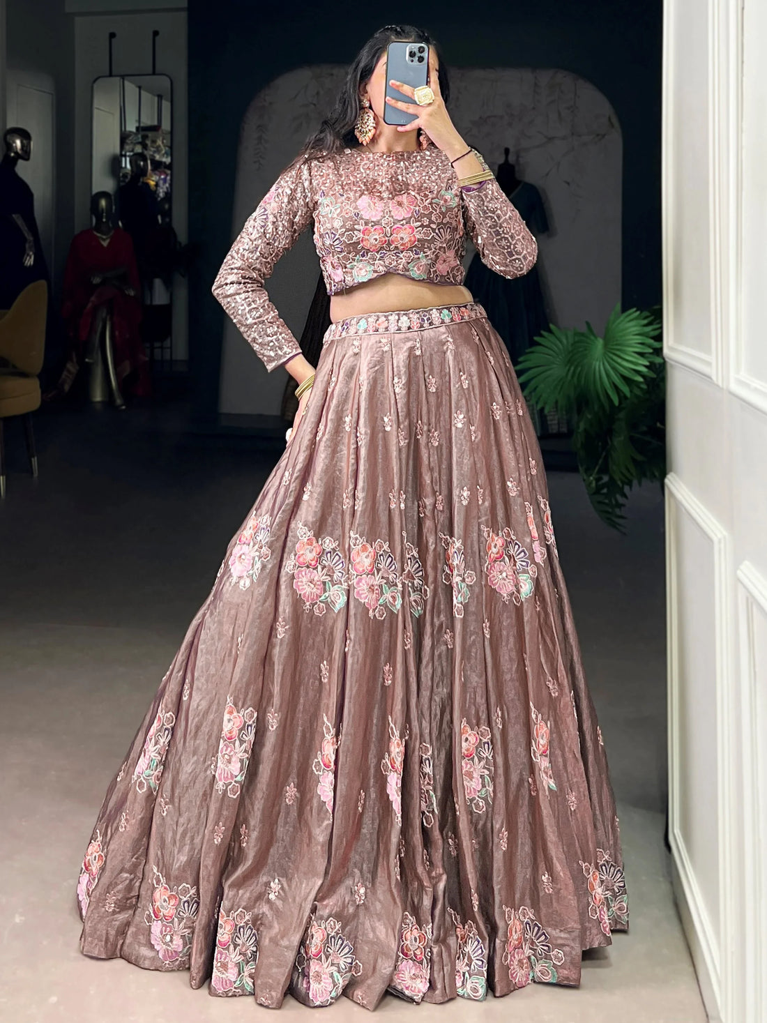 Stylish Dusty Pink Floral Embroidered Organza Sangeet Wear Crop Top Lehenga