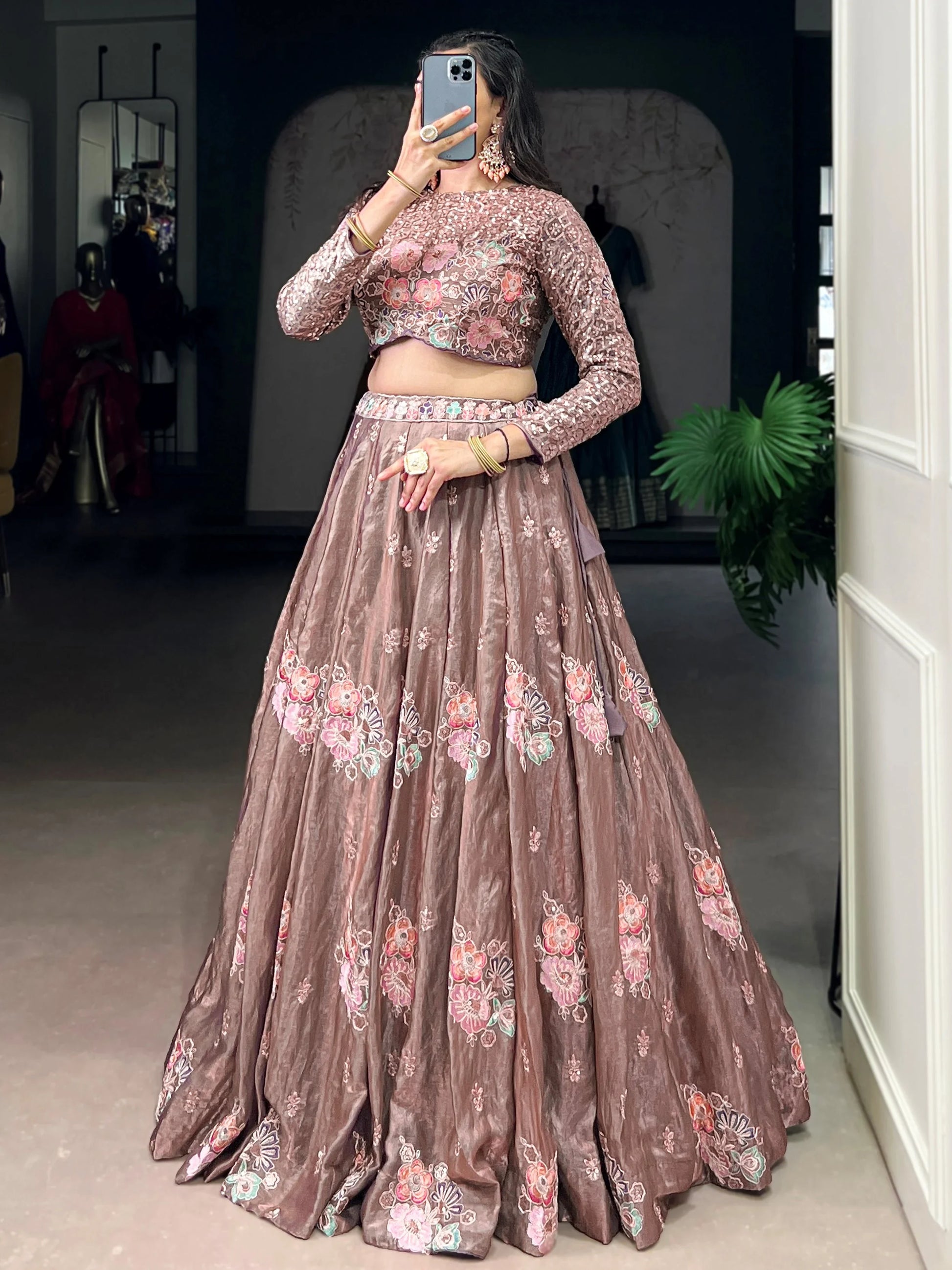 Stylish Dusty Pink Floral Embroidered Organza Sangeet Wear Crop Top Lehenga