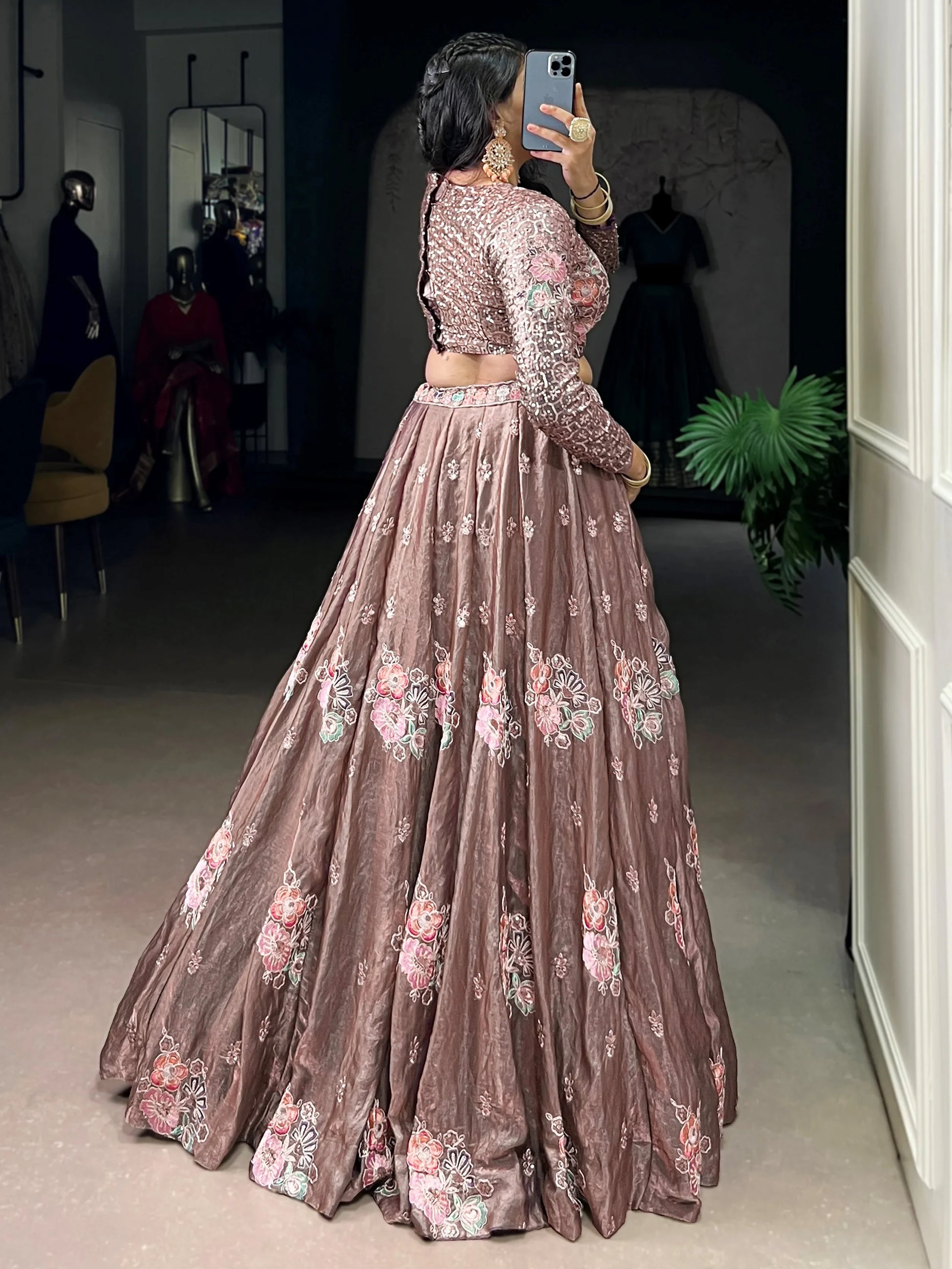 Stylish Dusty Pink Floral Embroidered Organza Sangeet Wear Crop Top Lehenga