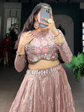 Stylish Dusty Pink Floral Embroidered Organza Sangeet Wear Crop Top Lehenga