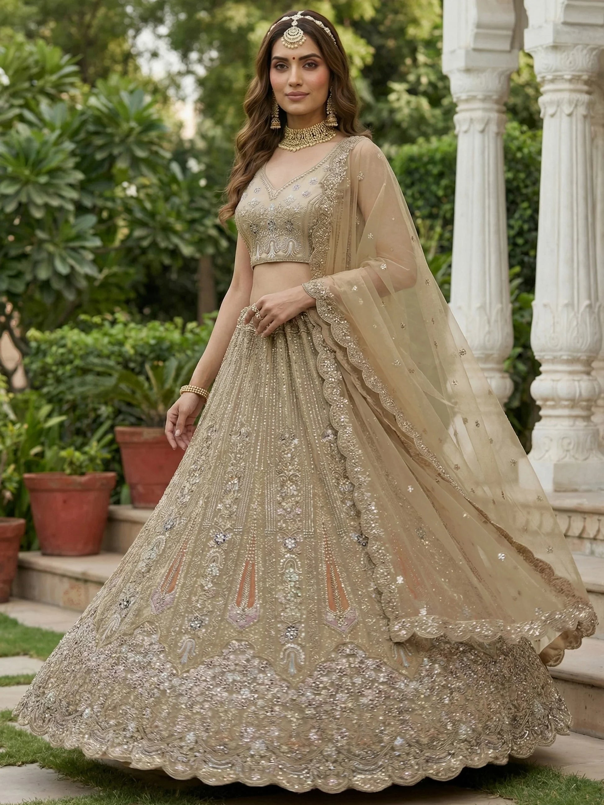 Stylish Golden Zari Embroidery Net Reception Wear Lehenga Choli With Dupatta