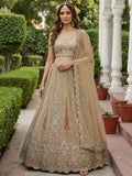 Stylish Golden Zari Embroidery Net Reception Wear Lehenga Choli With Dupatta