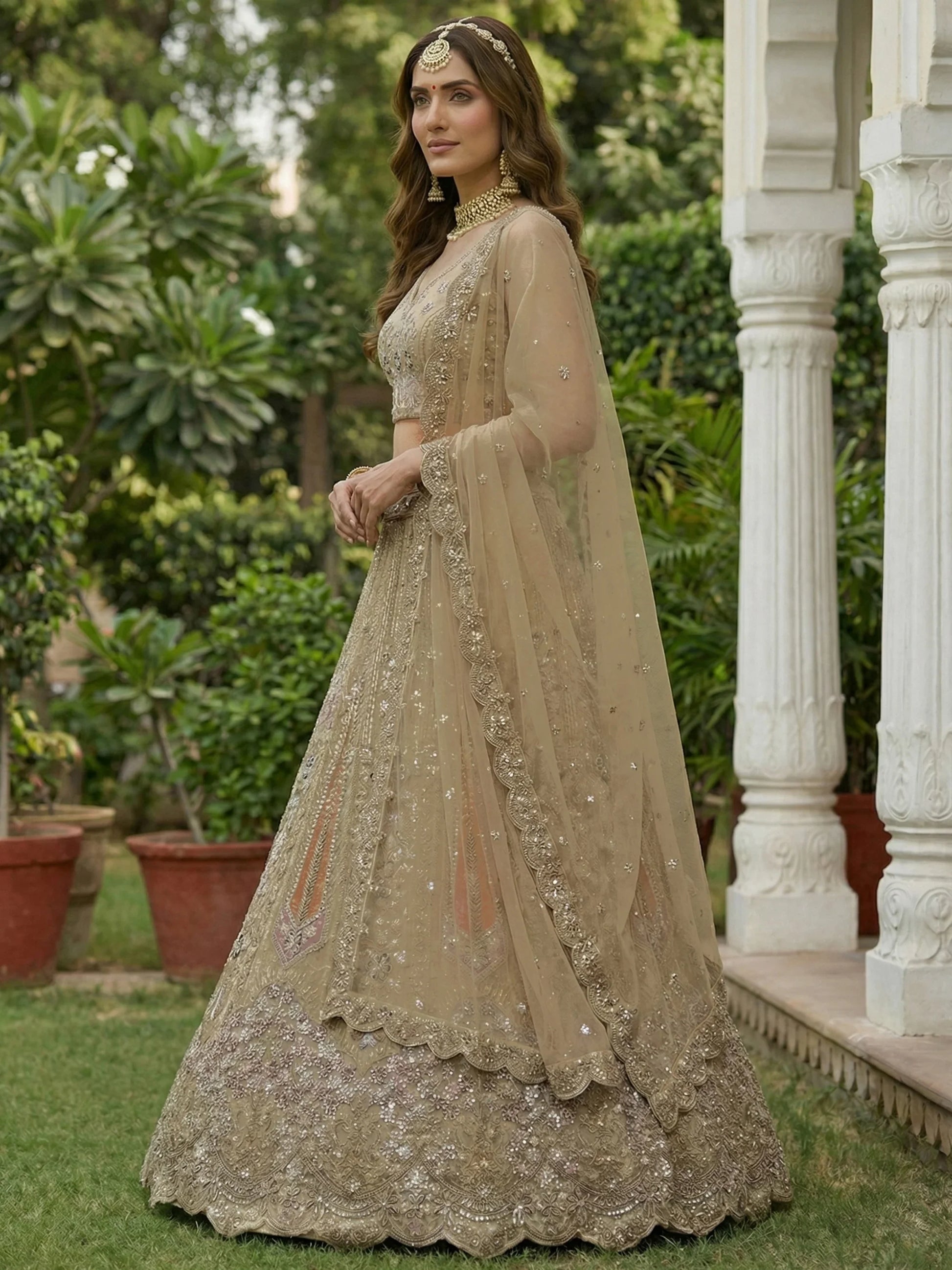 Stylish Golden Zari Embroidery Net Reception Wear Lehenga Choli With Dupatta