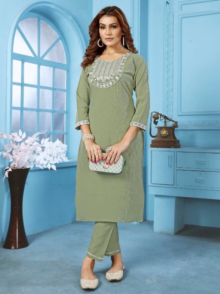 Stylish Green Thread Embroidered Rinkal Cotton Office Wear Pant Suit - Zeel Clothing
