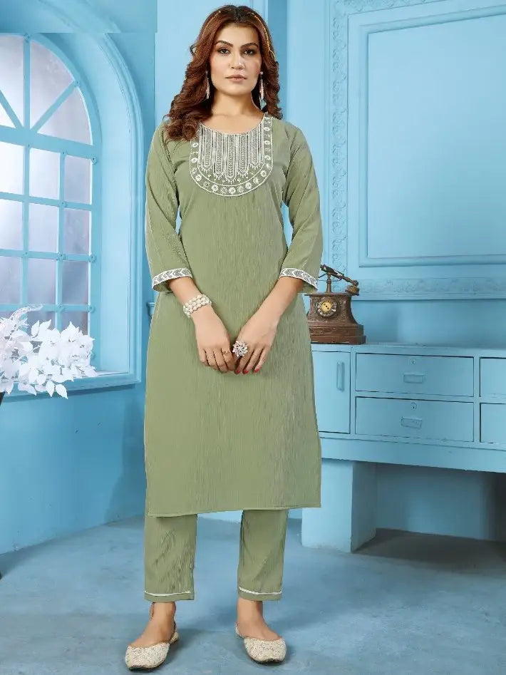 Stylish Green Thread Embroidered Rinkal Cotton Office Wear Pant Suit - Zeel Clothing