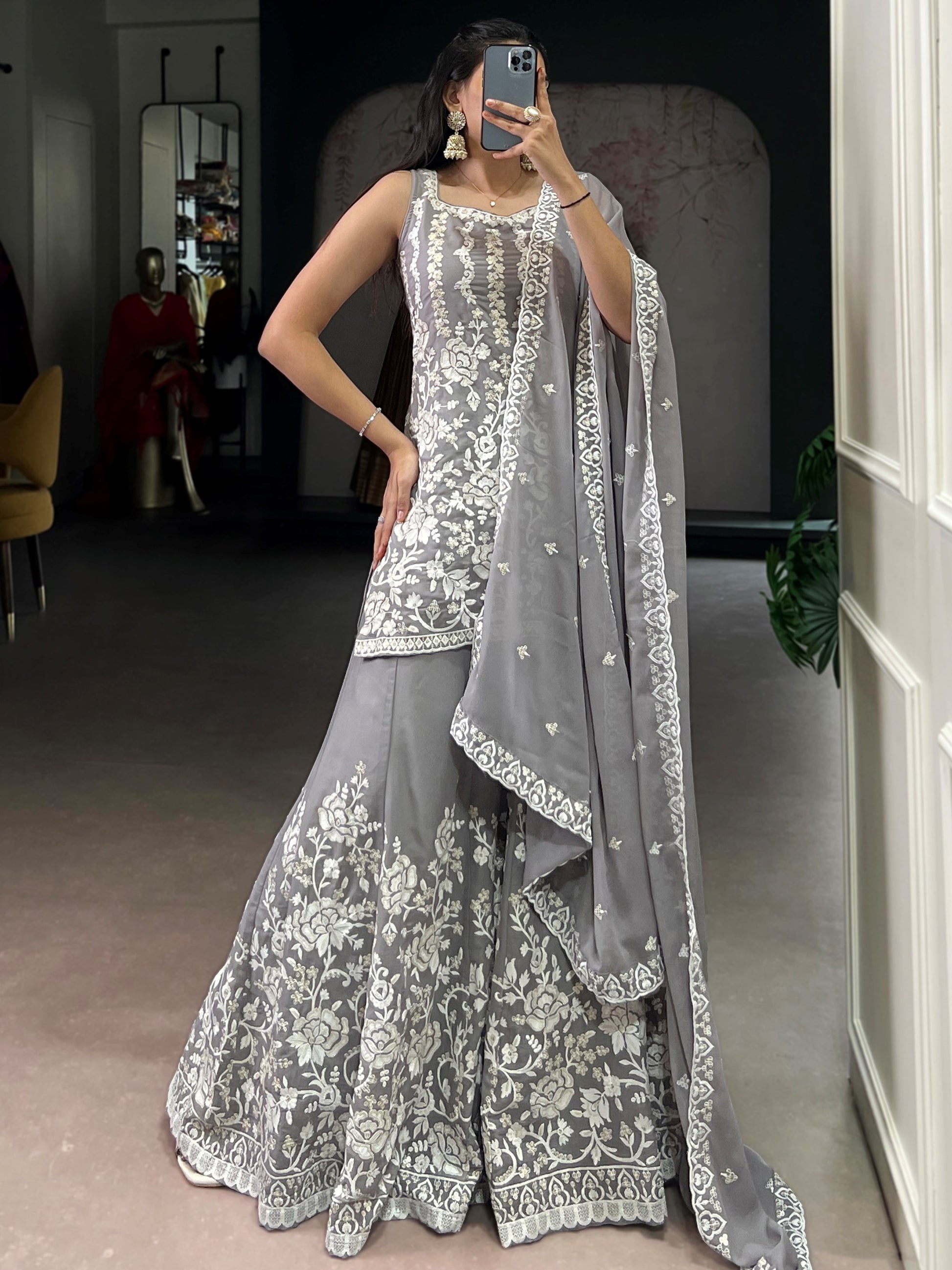 Stylish Grey Floral Embroidered Georgette Wedding Wear Sharara Suit