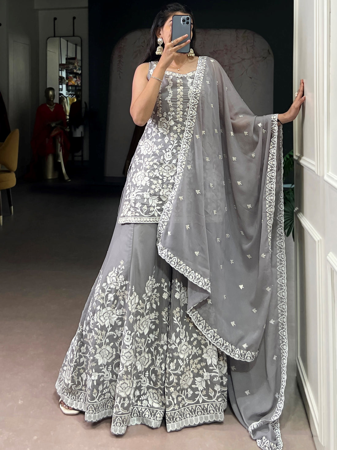 Stylish Grey Floral Embroidered Georgette Wedding Wear Sharara Suit