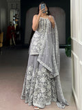 Stylish Grey Floral Embroidered Georgette Wedding Wear Sharara Suit