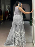 Stylish Grey Floral Embroidered Georgette Wedding Wear Sharara Suit