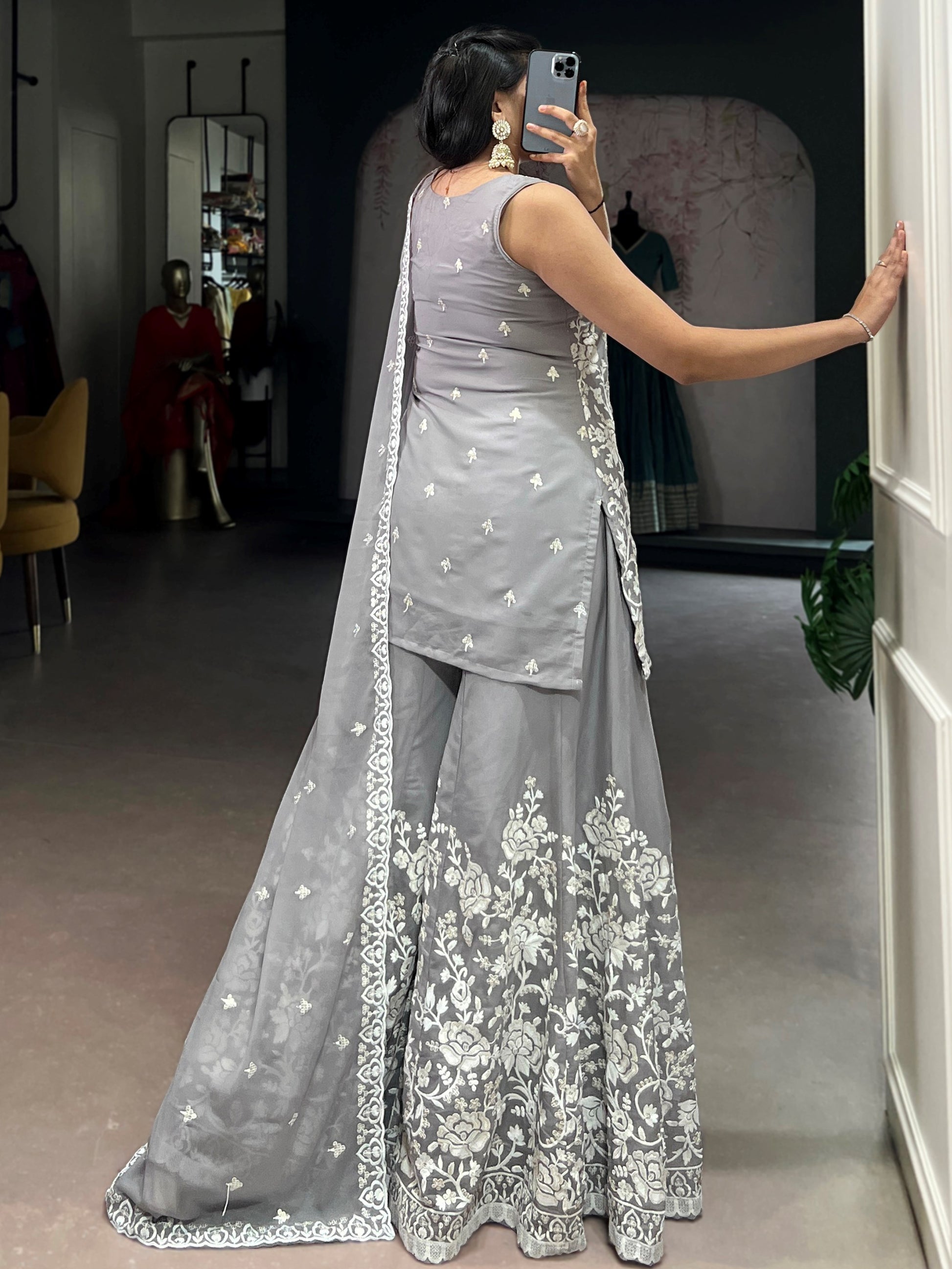 Stylish Grey Floral Embroidered Georgette Wedding Wear Sharara Suit