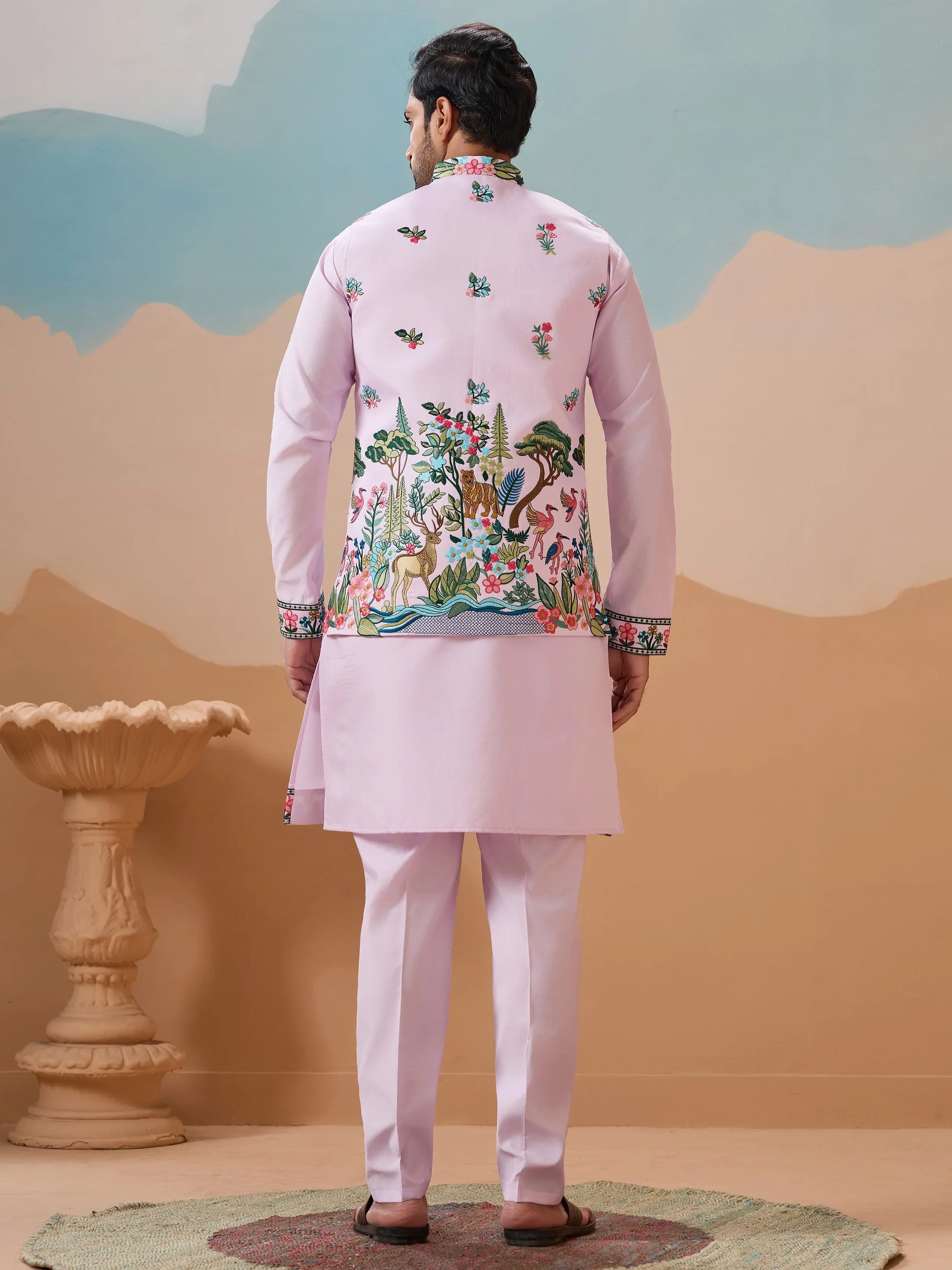 Stylish Lavender Embroidered Silk Men Engagement Wear Kurta Pant With Jacket