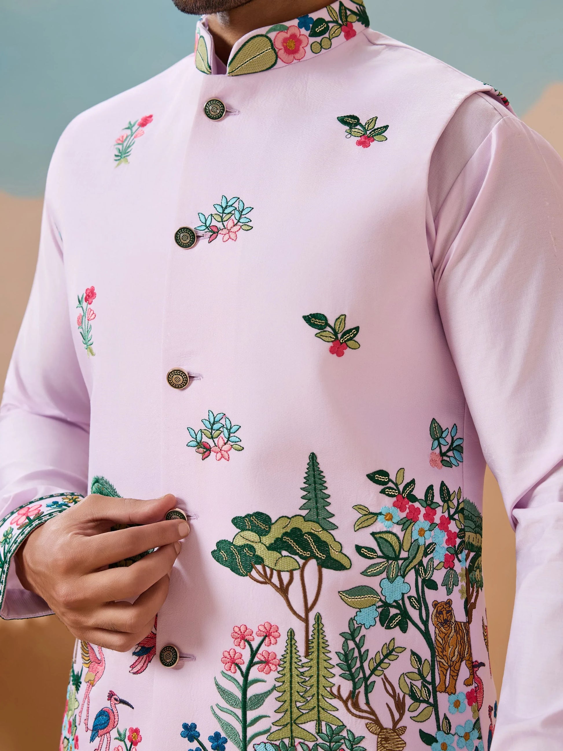 Stylish Lavender Embroidered Silk Men Engagement Wear Kurta Pant With Jacket