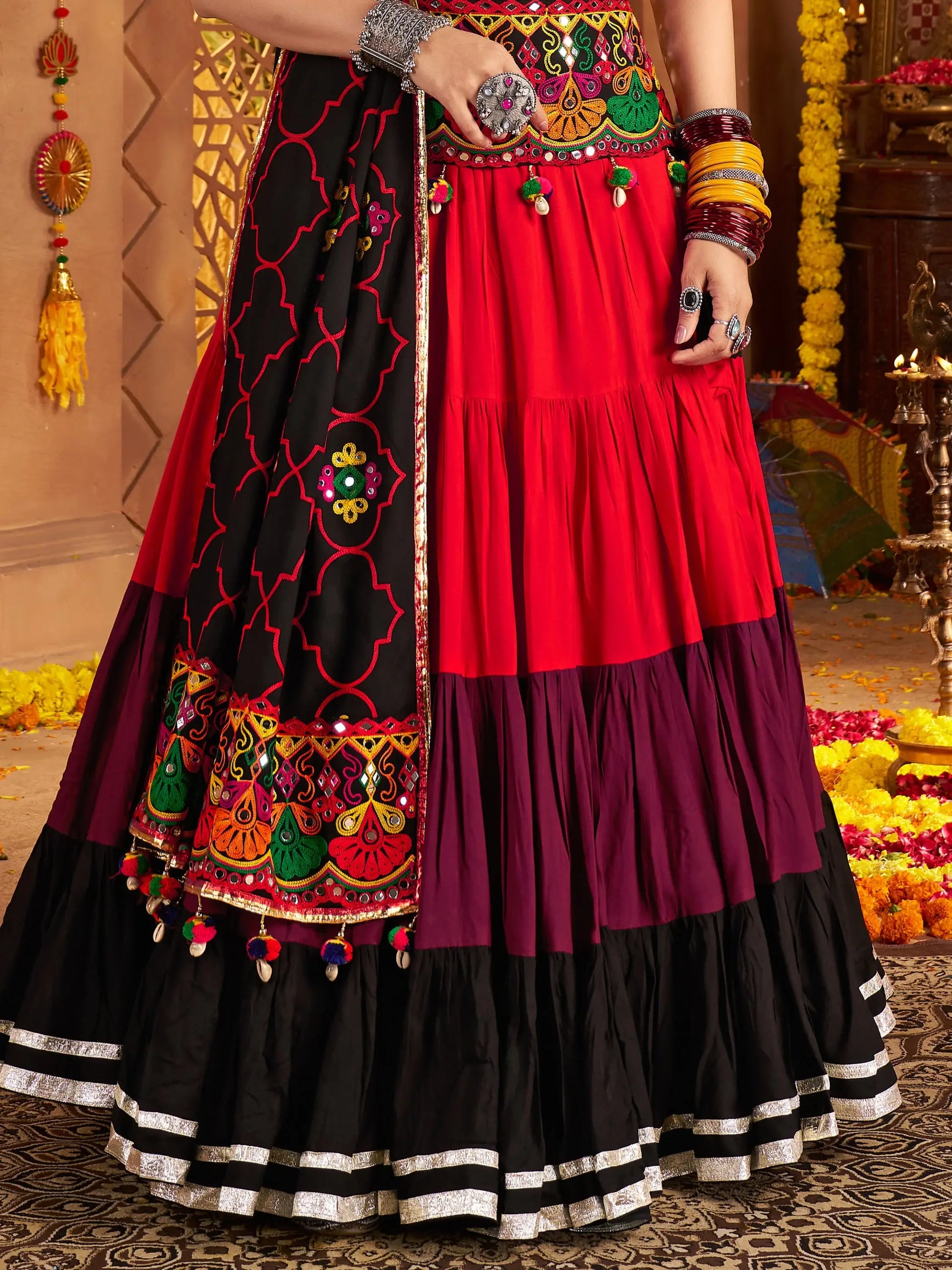 Stylish Multi-Color Embroidered Cotton Navratri Special Lehenga Choli With Dupatta - Zeel Clothing