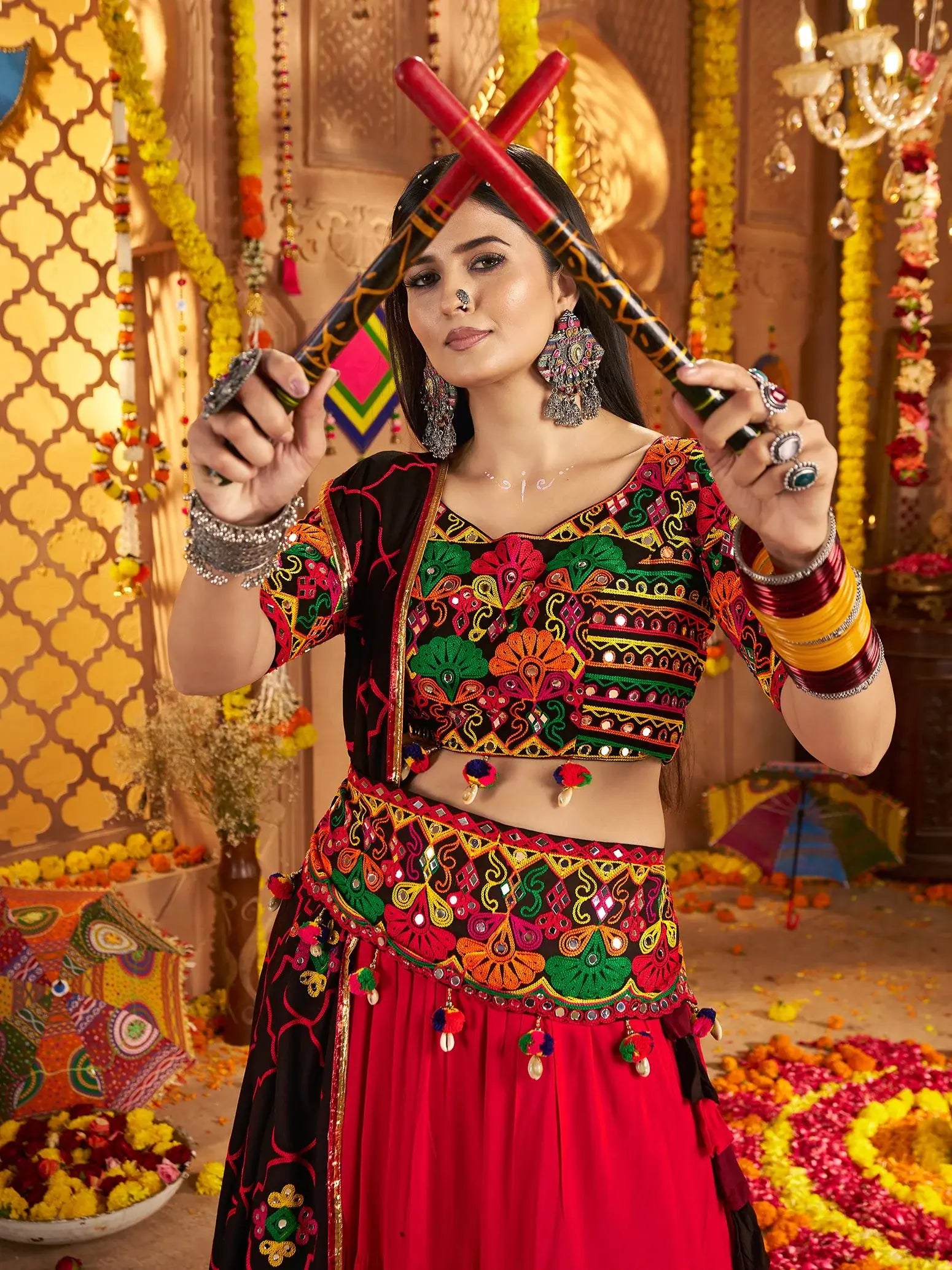 Stylish Multi-Color Embroidered Cotton Navratri Special Lehenga Choli With Dupatta - Zeel Clothing