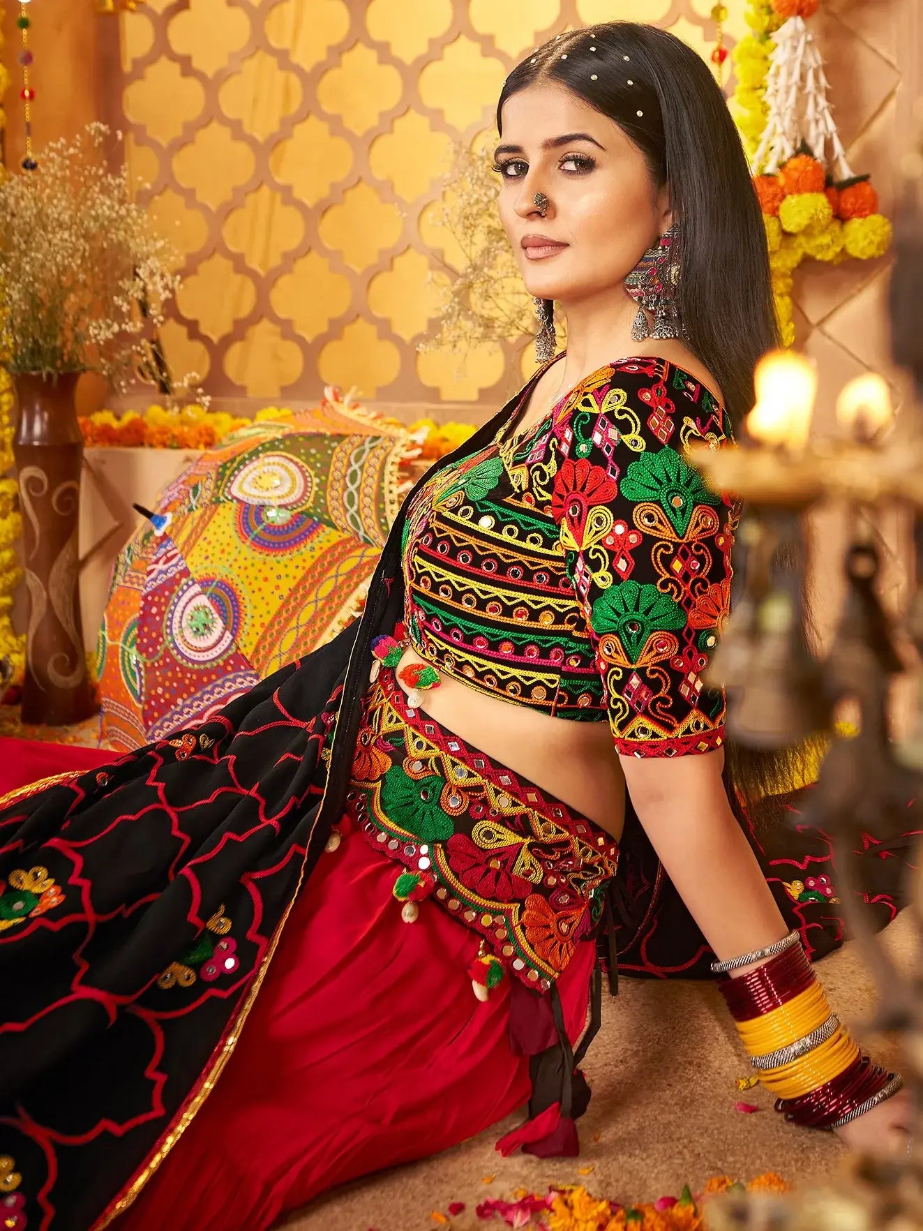Stylish Multi-Color Embroidered Cotton Navratri Special Lehenga Choli With Dupatta - Zeel Clothing