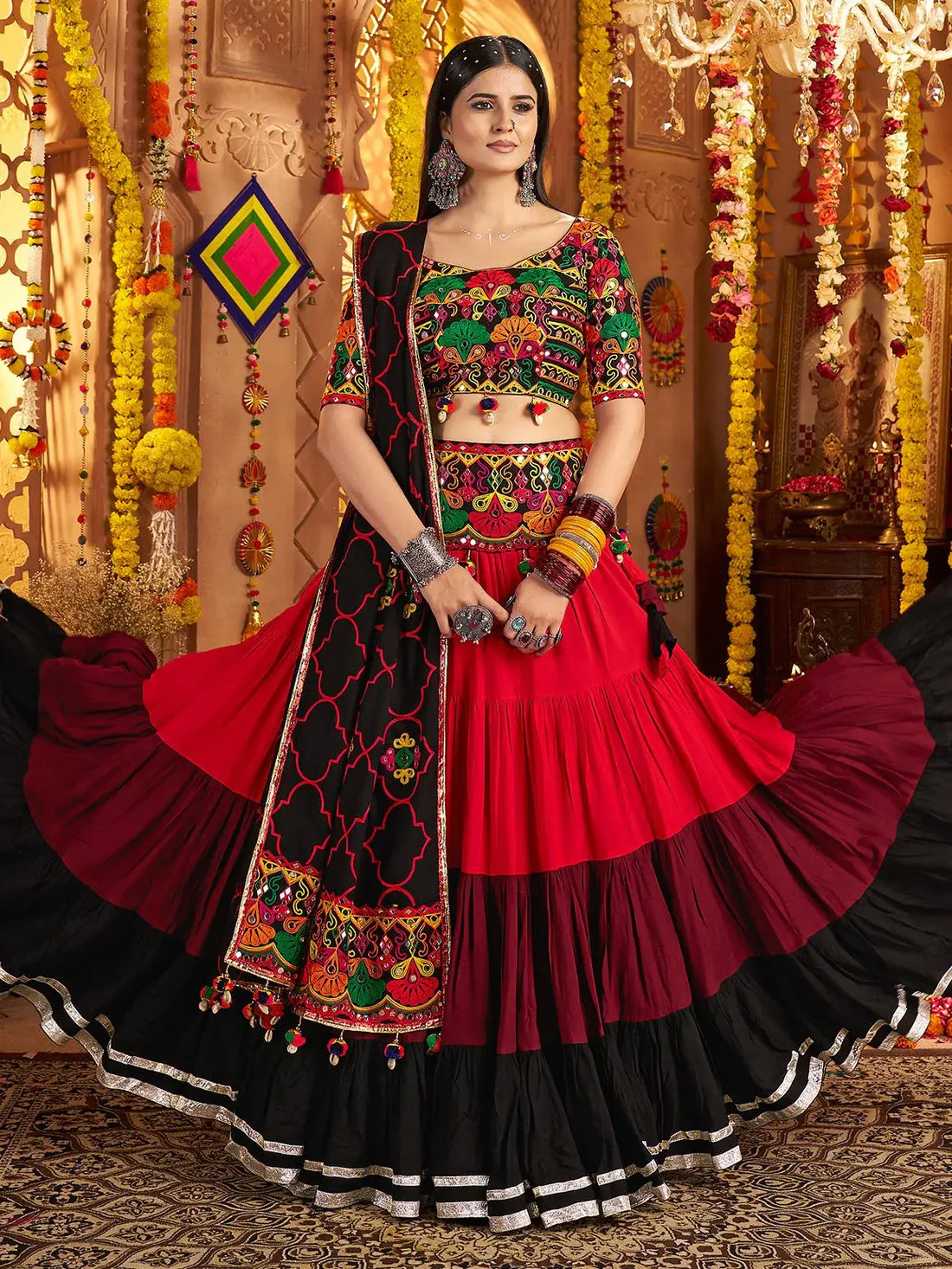 Stylish Multi-Color Embroidered Cotton Navratri Special Lehenga Choli With Dupatta - Zeel Clothing