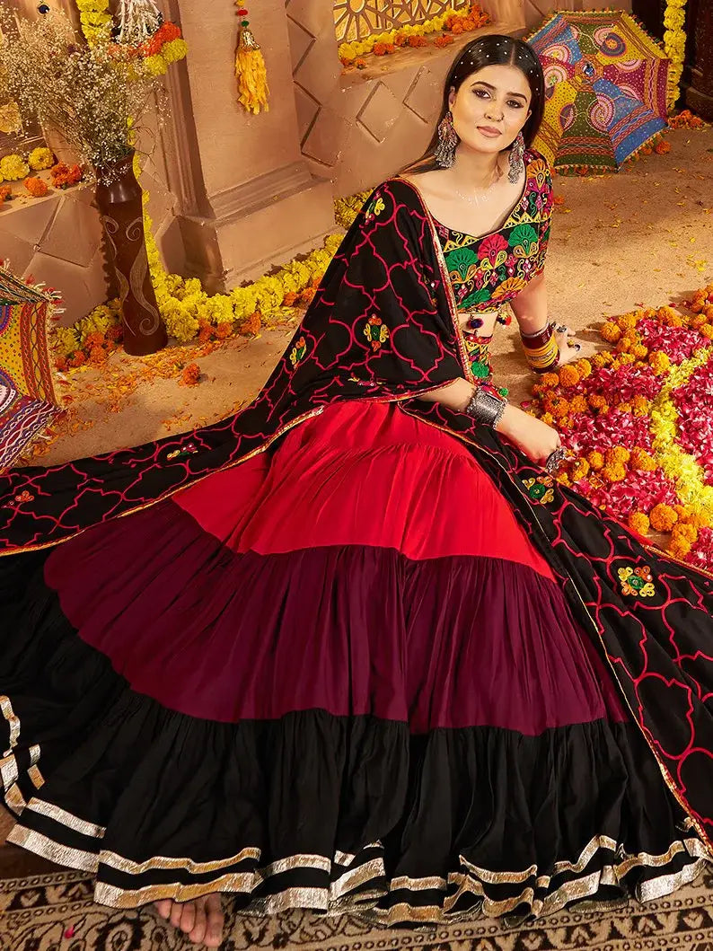 Stylish Multi-Color Embroidered Cotton Navratri Special Lehenga Choli With Dupatta - Zeel Clothing