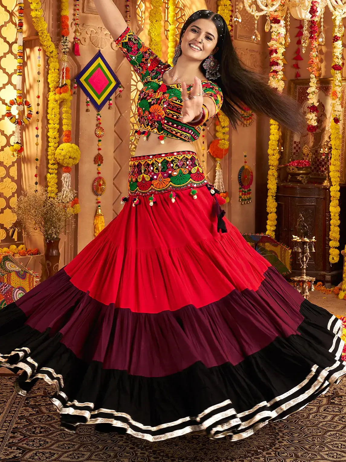Stylish Multi-Color Embroidered Cotton Navratri Special Lehenga Choli With Dupatta - Zeel Clothing