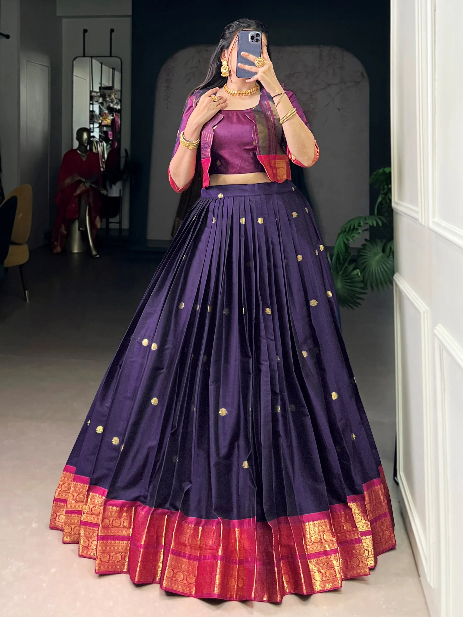 Stylish Navy Blue Zari Weaving Cotton Festive Wear Crop Top Lehenga With Jacket