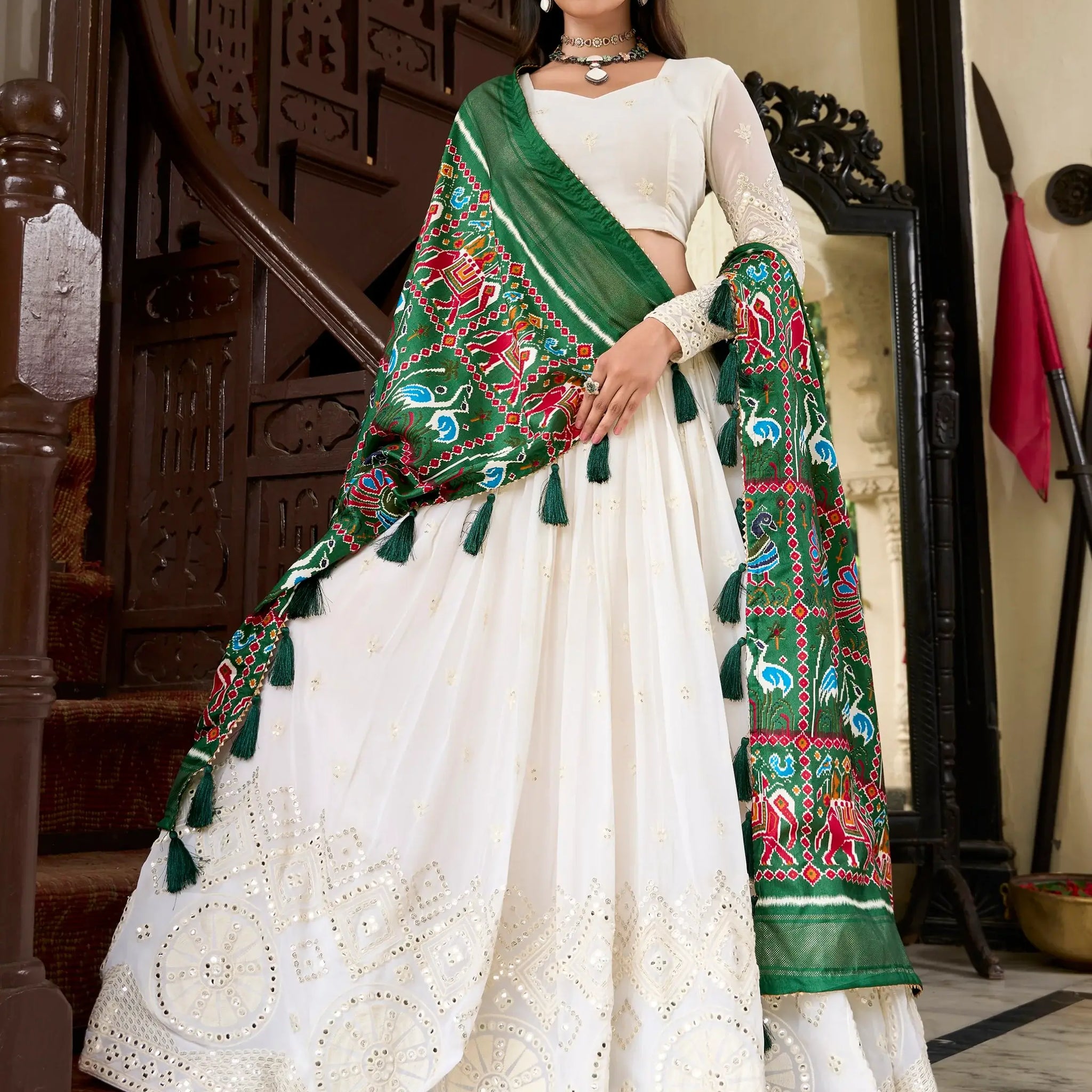 Stylish Off-White Lucknowi Work Georgette Lehenga Choli With Green Dupatta - Zeel Clothing