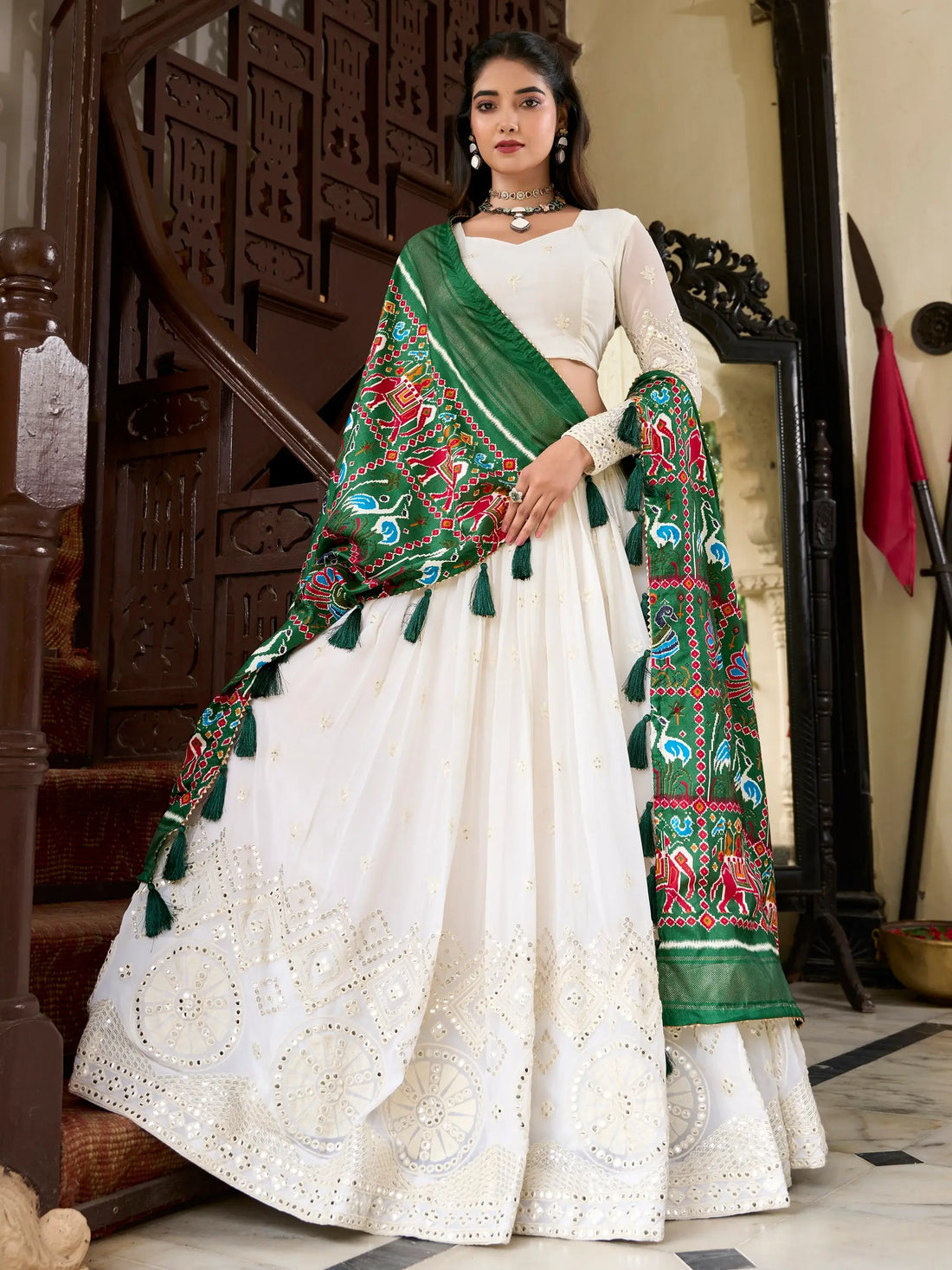 Stylish Off-White Lucknowi Work Georgette Lehenga Choli With Green Dupatta - Zeel Clothing